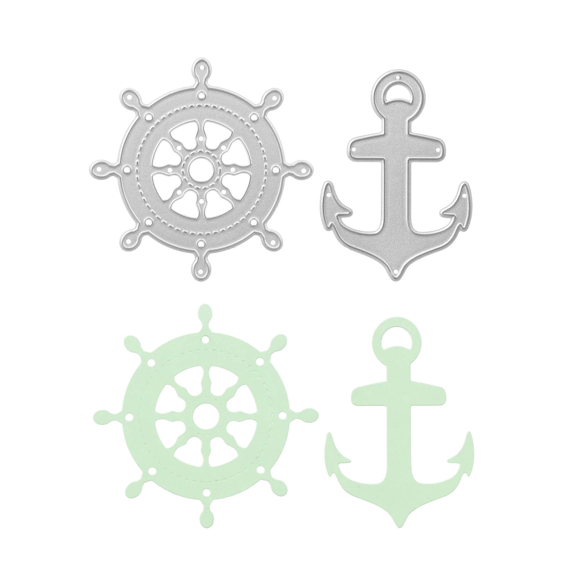Zwei silberne und hellgrüne Schiffsräder und Anker, Stanzschablone Anker und Steuerrad von Stanzenshop.de, angeordnet in einem Quadrat auf Weiß. Ideal für Scrapbooking oder kreative Projekte mit Ihren Lieblingsstanzen.