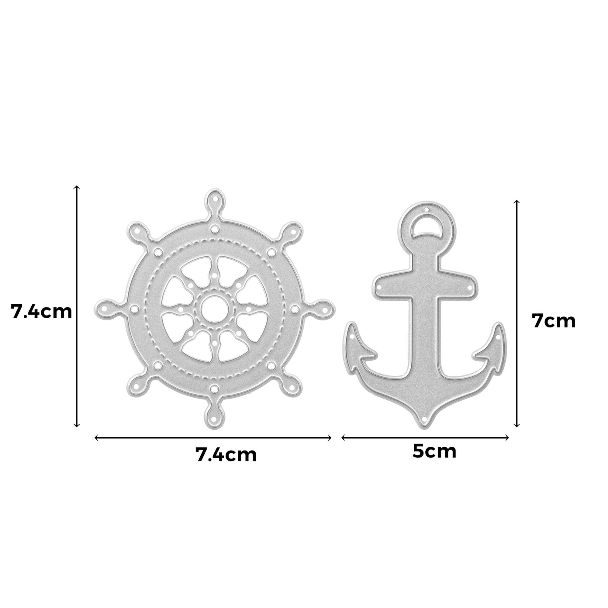 Stanzenshop.de Stanzschablone Anker und Steuerrad Metallstanzungen für Scrapbooking; Rad ist 7,4 x 7,4 cm, Anker ist 7 x 5 cm, beide auf weißem Hintergrund dargestellt.