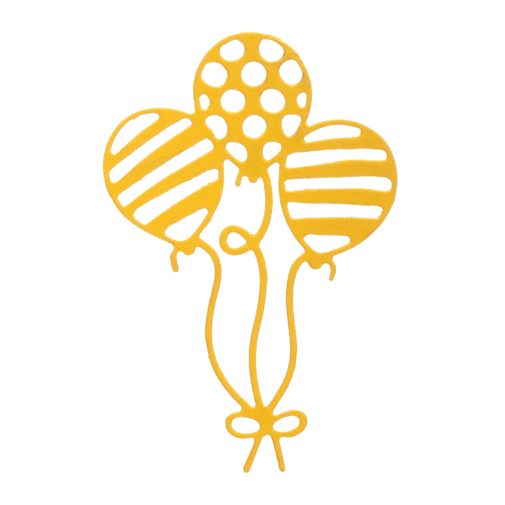 Stanzschablone Drei Luftballons mit Muster von Stanzenshop.de: Gelbe Umrisszeichnung dreier Ballons mit Streifen- und Punktmustern, gebunden mit einer Schleife - ideal für Scrapbooking oder Basteln Geburtstag.