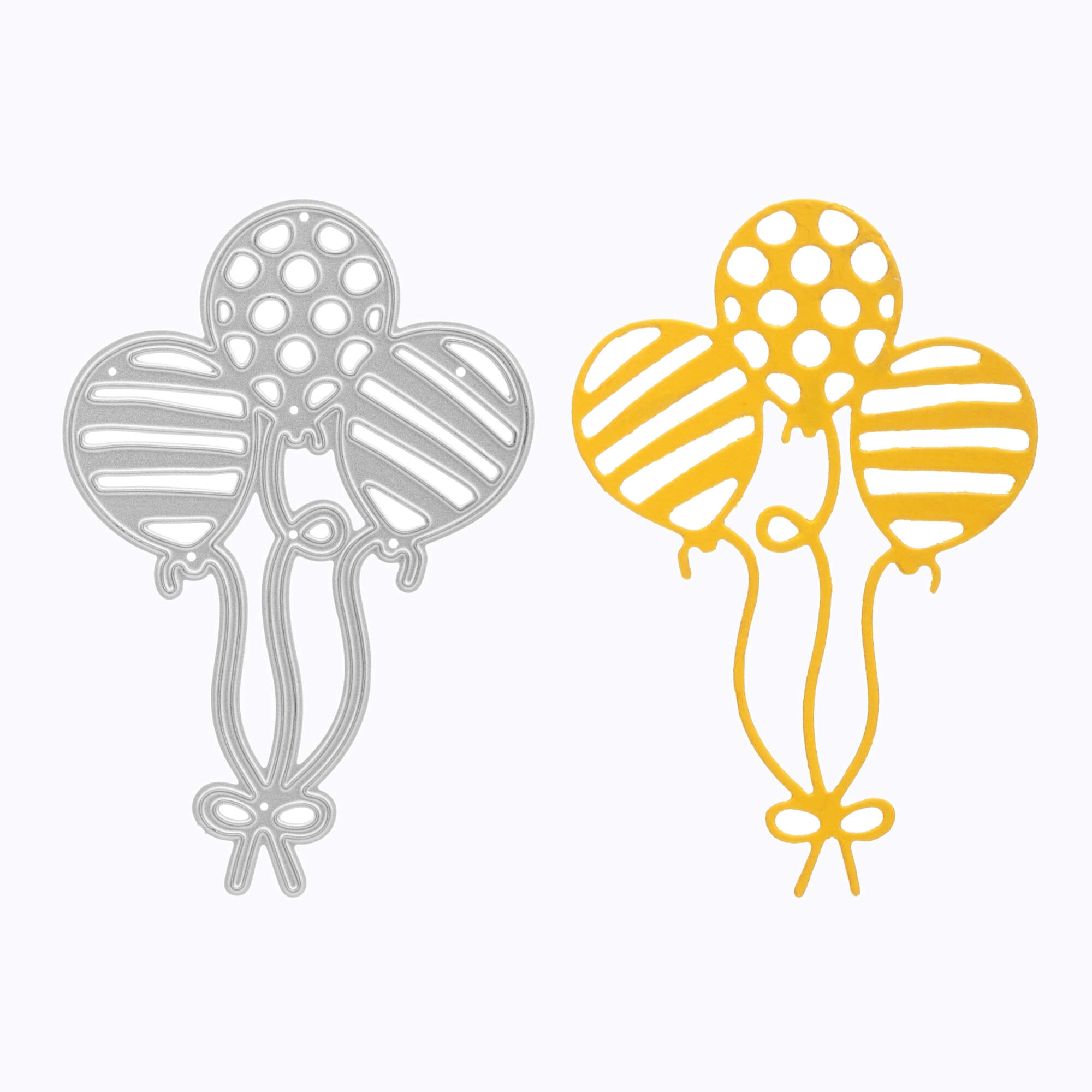 Die Stanzschablone Drei Luftballons mit Muster von Stanzenshop.de enthält zwei Metallstanzen - eine silberne und eine gelbe - mit jeweils drei gemusterten Luftballons, die mit Schleifen gebunden werden, perfekt für Geburtstagsbasteln oder Scrapbooking.