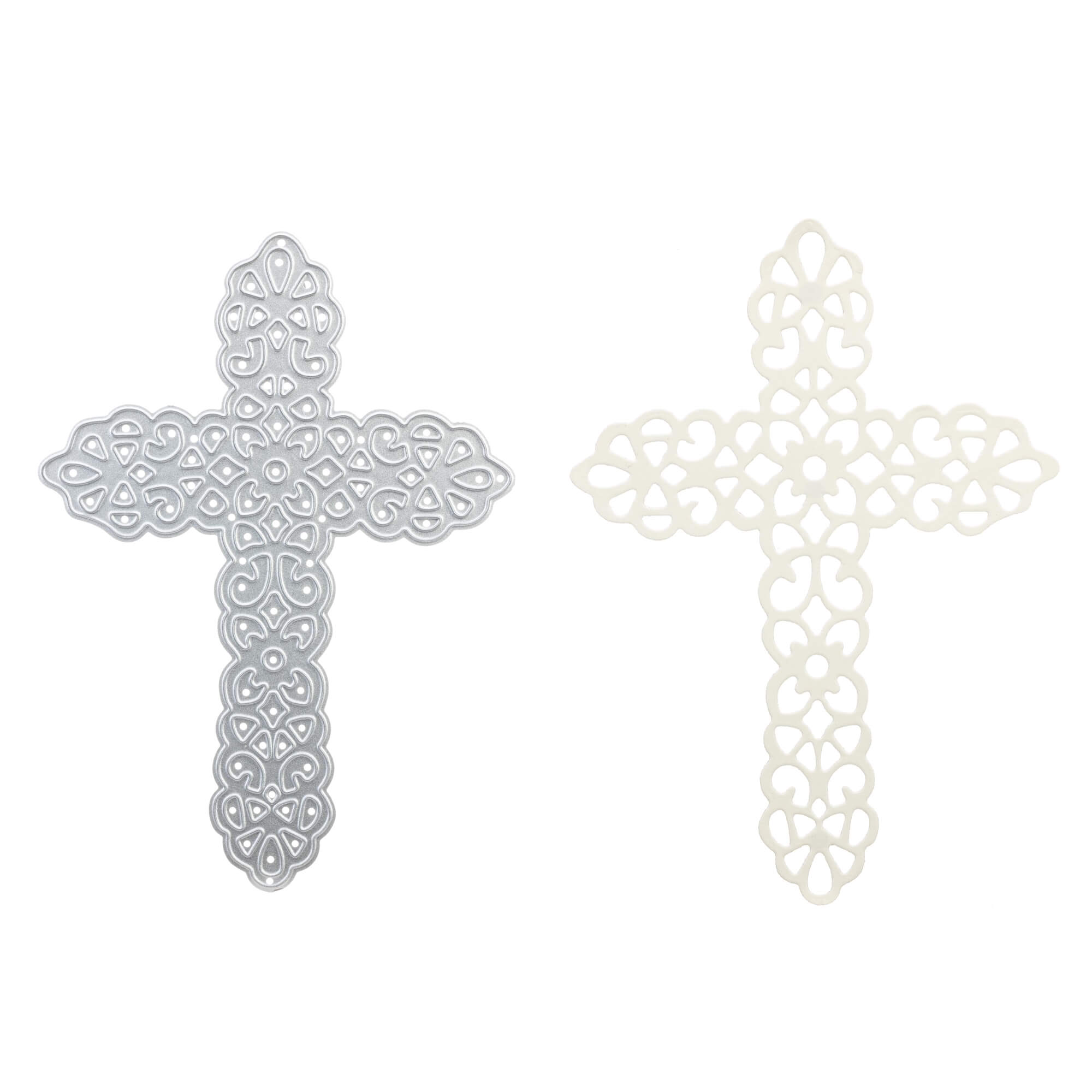 Zwei verschnörkelte "Stanzschablone Großes Kreuz" von Stanzenshop.de - eine silberne, eine cremefarbene mit Schnörkeln - sind nebeneinander auf weißem Grund abgebildet, ideal zum Basteln oder für Karten mit eleganten Kreuzmotiven.