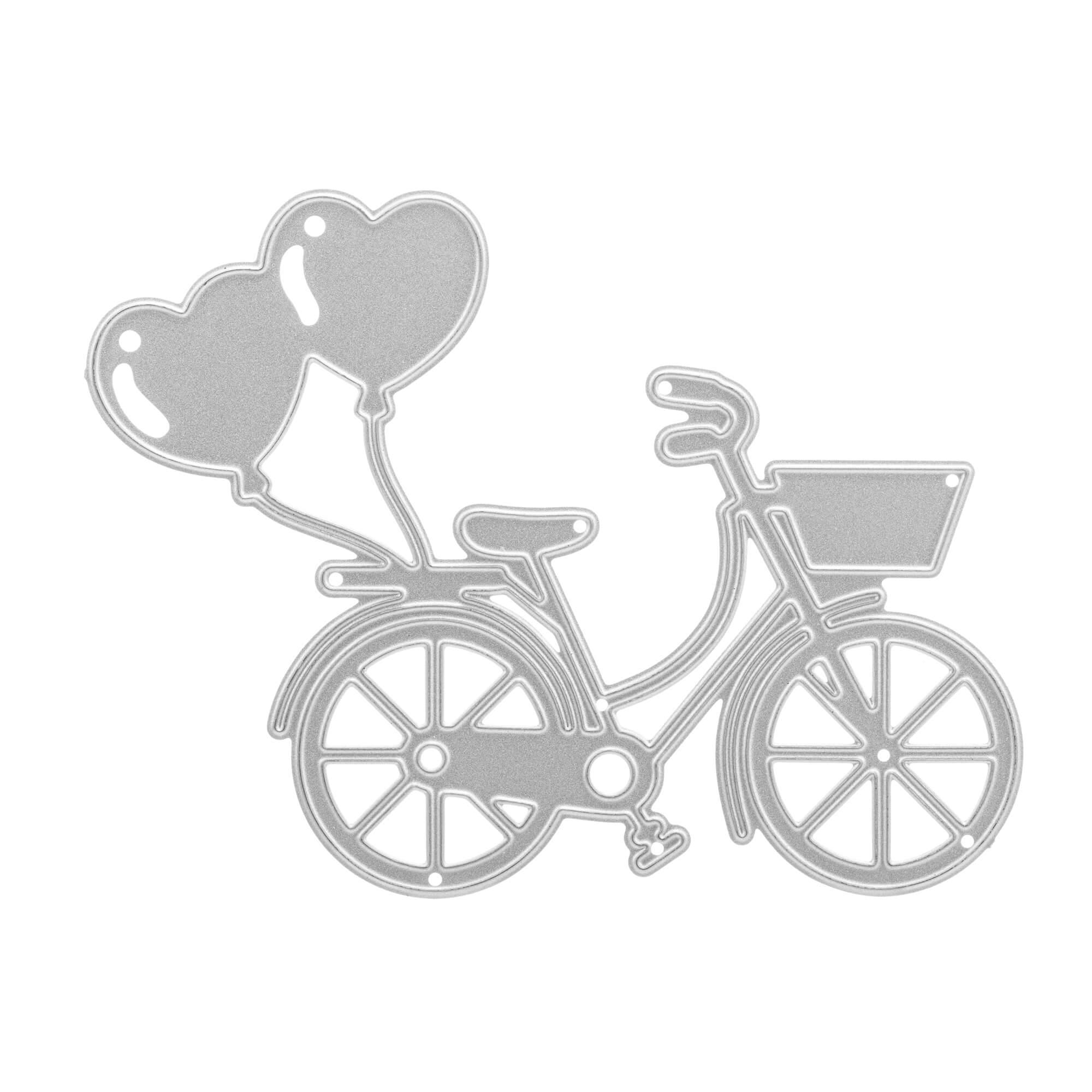 Die "Stanzschablone Fahrrad mit Luftballons" von Stanzenshop.de zeigt ein gestanztes Fahrrad mit zwei herzförmigen Luftballons und einem Frontkorb - ideal für Scrapbooking, Basteln und kreative Projekte.