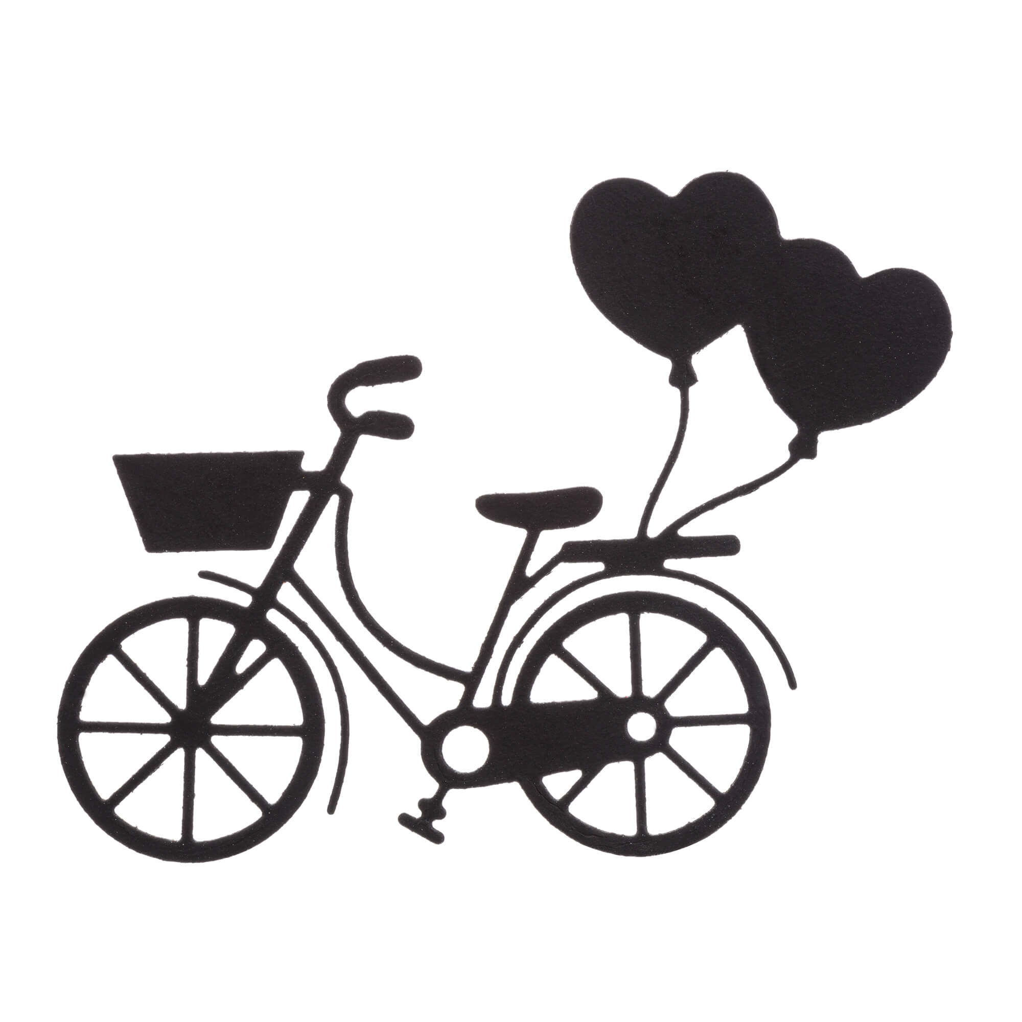 Die Stanzenshop.de Stanzschablone Fahrrad mit Luftballons zeigt eine schwarze Fahrradsilhouette mit herzförmigen Luftballons und einem Frontkorb, ideal für Basteln oder Scrapbooking Projekte. Vor einem weißen Hintergrund.