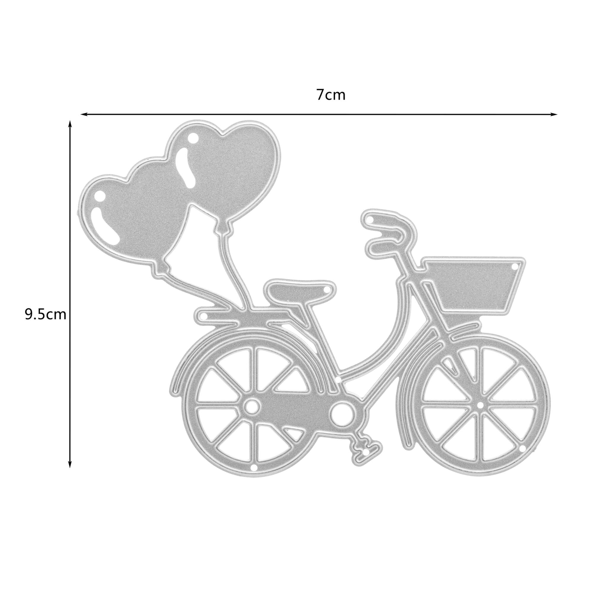 Die Stanzschablone Fahrrad mit Luftballons von Stanzenshop.de ist eine charmante Metallstanze in Form eines Fahrrads mit einem vorderen Korb und zwei Herzluftballons, ideal für Scrapbooking oder Basteln. Maße 7 cm x 9,5 cm.