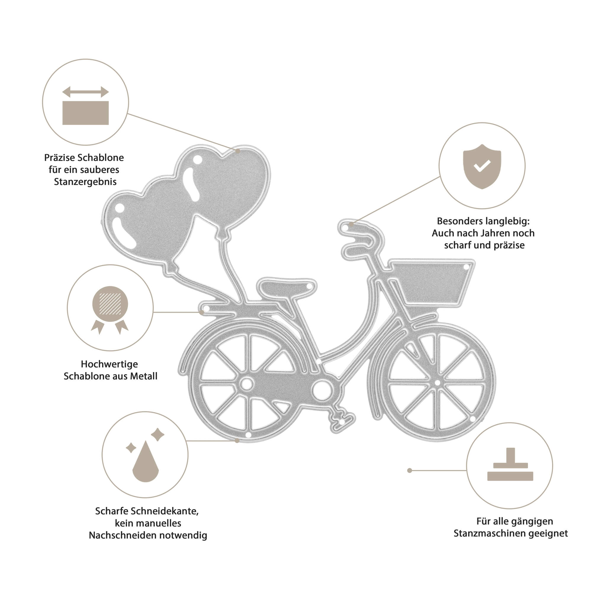 Die Stanzschablone Fahrrad mit Luftballons von Stanzenshop.de eignet sich perfekt zum Basteln und Scrapbooking. Sie bietet präzises Schneiden, scharfe Kanten, langlebiges Metall und Kompatibilität mit Standardmaschinen - kein manuelles Schneiden erforderlich.