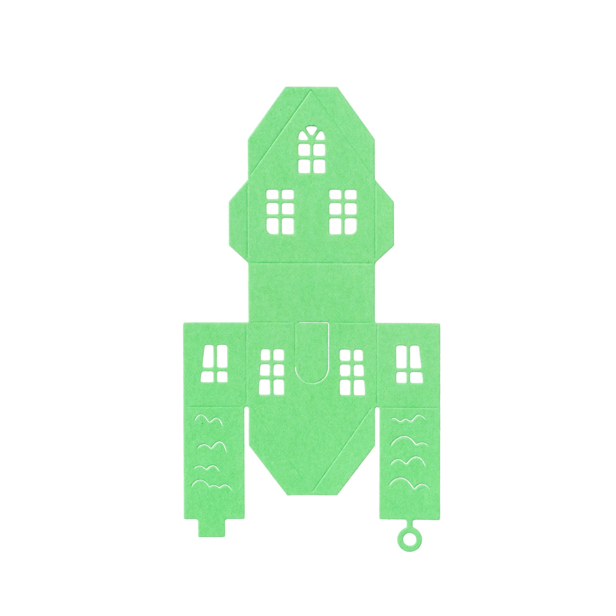 Die Stanzschablone Bastelset Kleines Haus von Stanzenshop.de ist ein flacher, grüner Papierausschnitt mit Fenster- und Türformen zum Falten zu einem 3D-Haus - ideal als Bastelset Deko oder mit Ihrer kompatiblen Stanzmaschine.