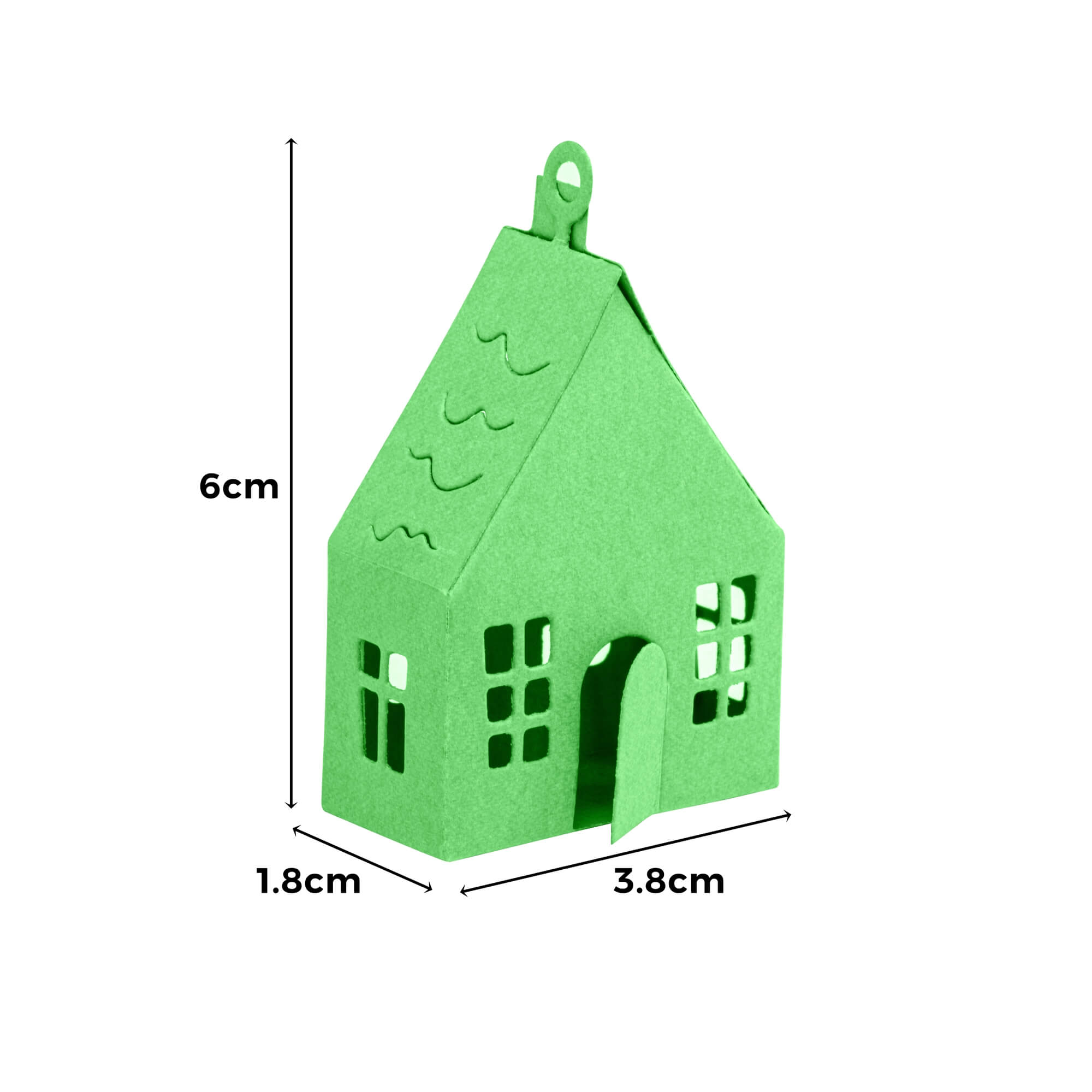 Ein grünes Papierhaus (6x3,8x1,8 cm) gebastelt mit der Stanzschablone Bastelset Kleines Haus von Stanzenshop.de ist ideal als dekorative Bastelset Deko für passende Stanzmaschinenprojekte.