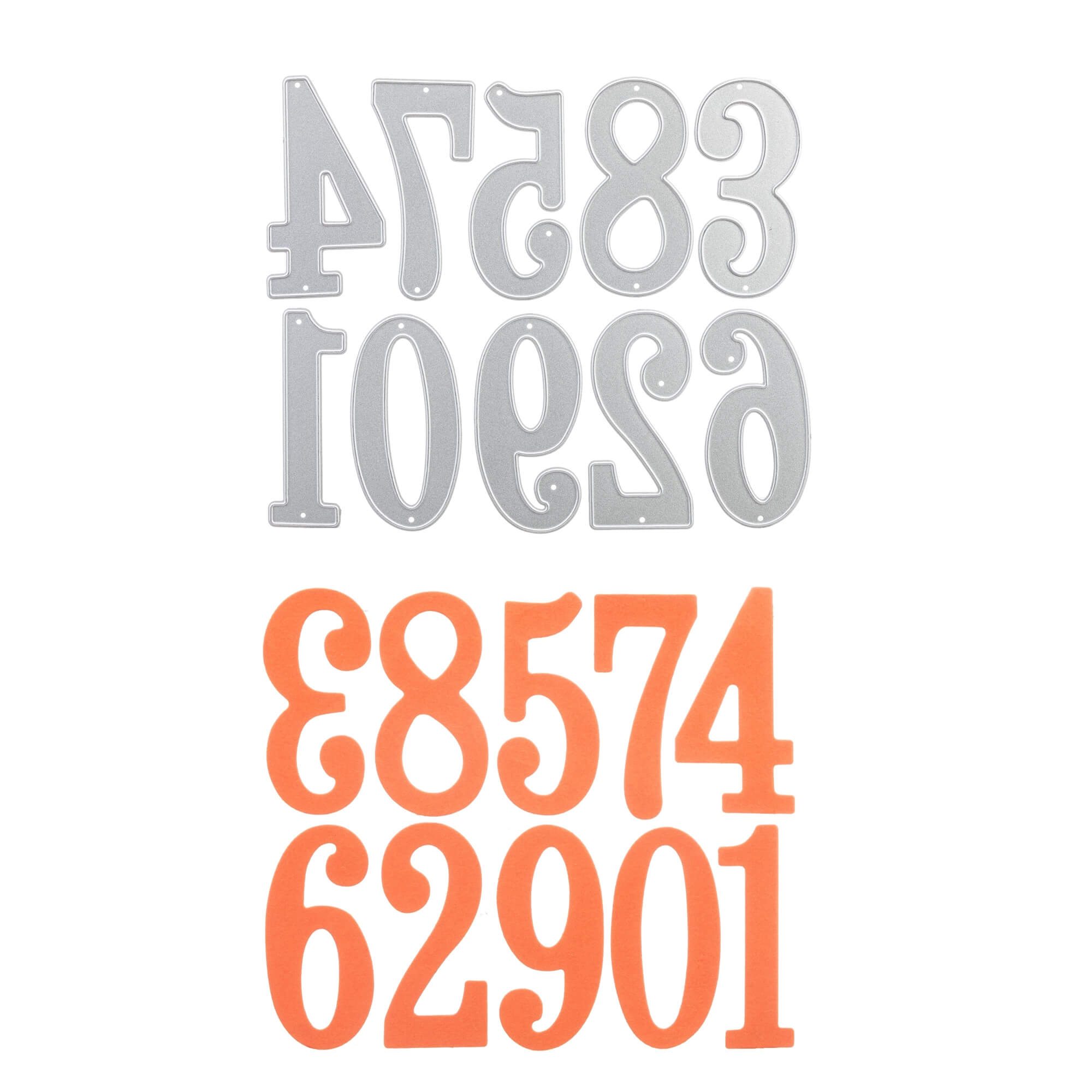 Die Stanzschablone Große Zahlen von Stanzenshop.de verfügt über metallische, umgedrehte und orangefarbene, aufrecht stehende Zahlen 0-9 - perfekt zum Basteln, Scrapbooking, oder als vielseitige Stanzschablone Zahlen in all Ihren kreativen Projekten.