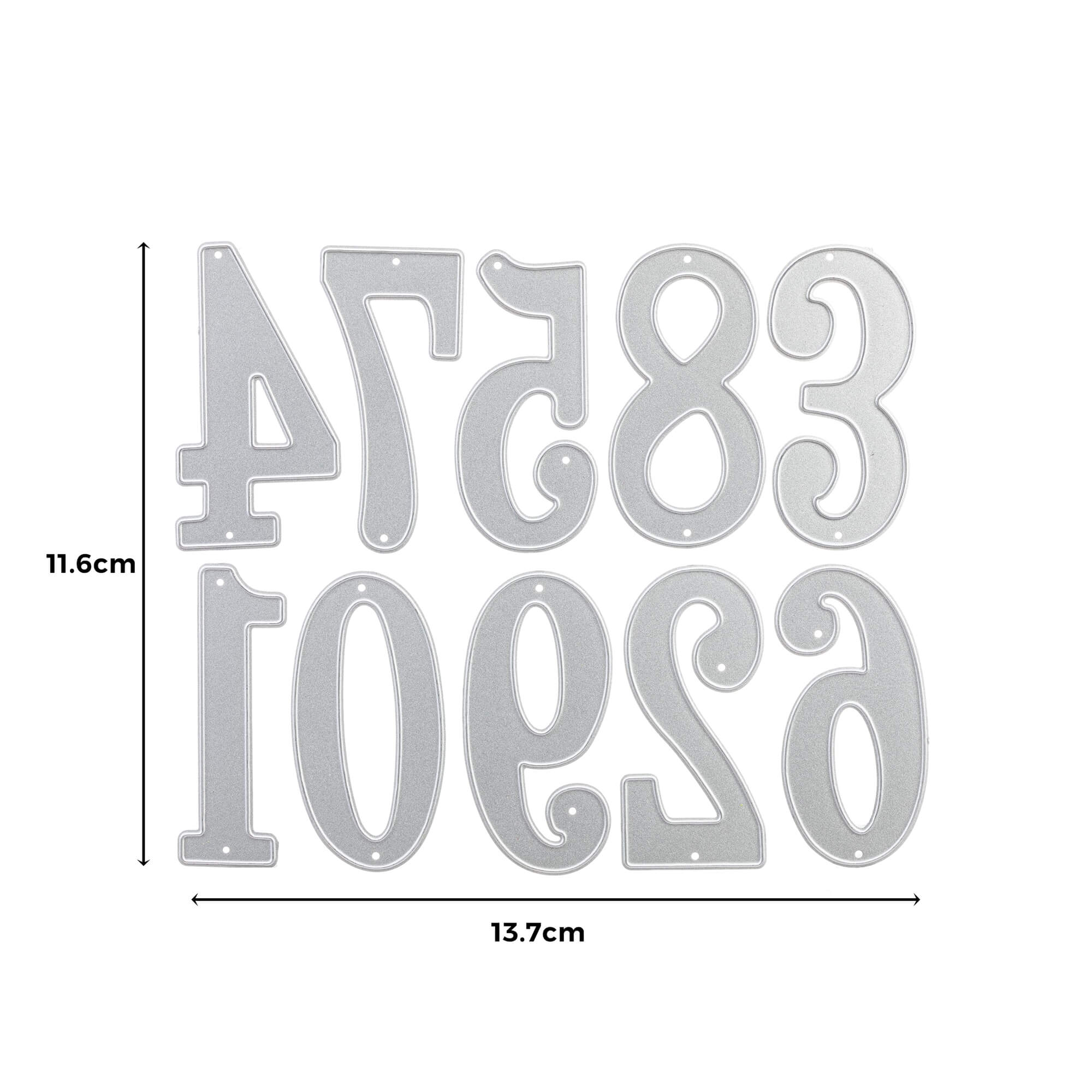 Das Stanzenshop.de Stanzschablone Große Zahlen Set besteht aus Metall mit den Zahlen 0-9 auf der Rückseite, ideal zum Basteln oder Scrapbooking, mit einer Größe von 11,6 x 13,7 cm.