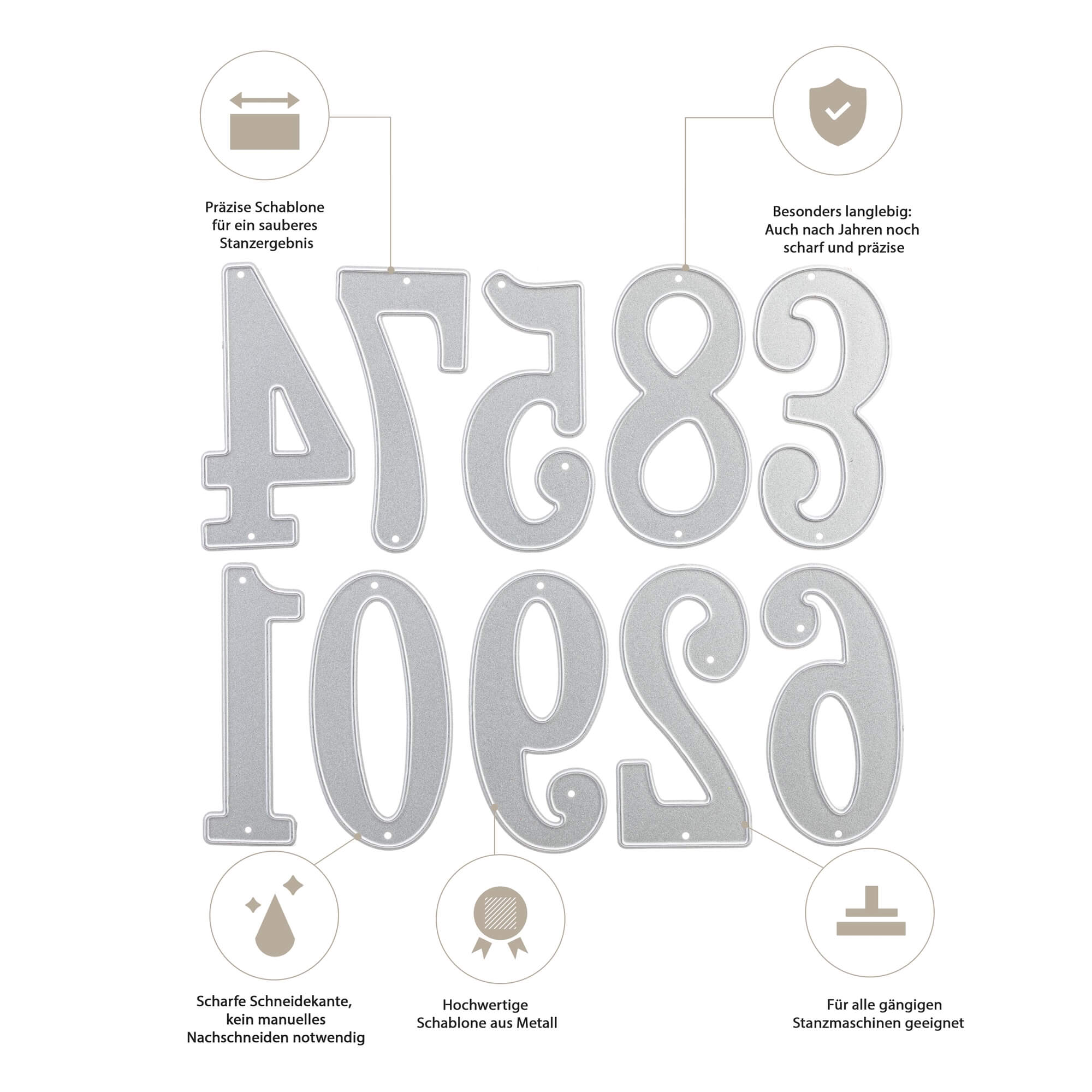 Die Stanzschablone Große Zahlen von Stanzenshop.de ist ein Satz silberner Zahlenschablonen (0-9) aus Metall, die sich durch scharfe Kanten, Stanzmaschinen-Kompatibilität und hohe Qualität auszeichnen. Deutsche Info Details Spezifikationen für Scrapbooking und Basteln.