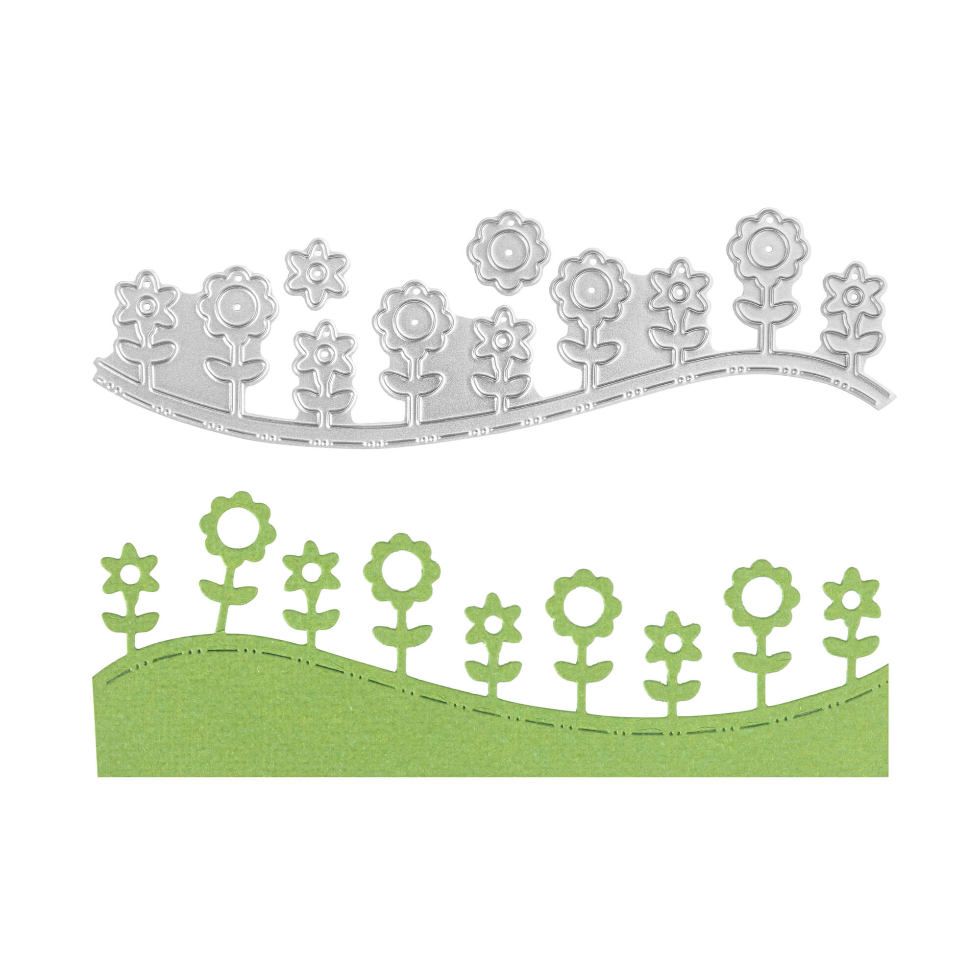 Die Stanzenshop.de Stanzschablone Blümchenreihe und ihr grüner Ausschnitt zeigen eine Reihe von stilisierten Blumen auf einer Kurve - ideal, um Ihren Scrapbooking-Projekten Charme zu verleihen.