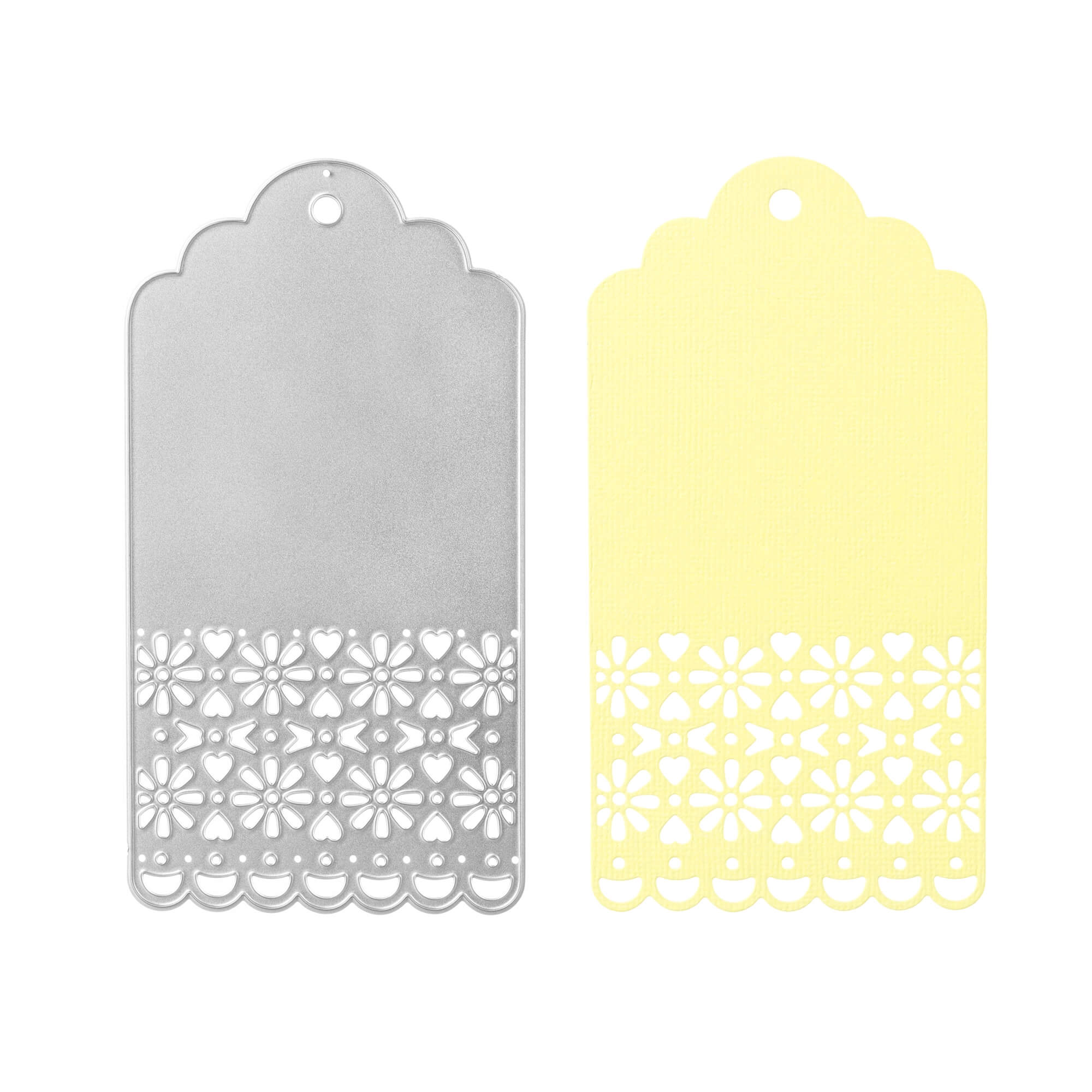 Die Stanzschablone Anhänger mit Verzierung von Stanzenshop.de und ein gelber Anhänger mit Wellenrand und floralem Ausschnitt werden nebeneinander gezeigt - ideal für Scrapbooking oder jedes kreative Bastelergebnis.