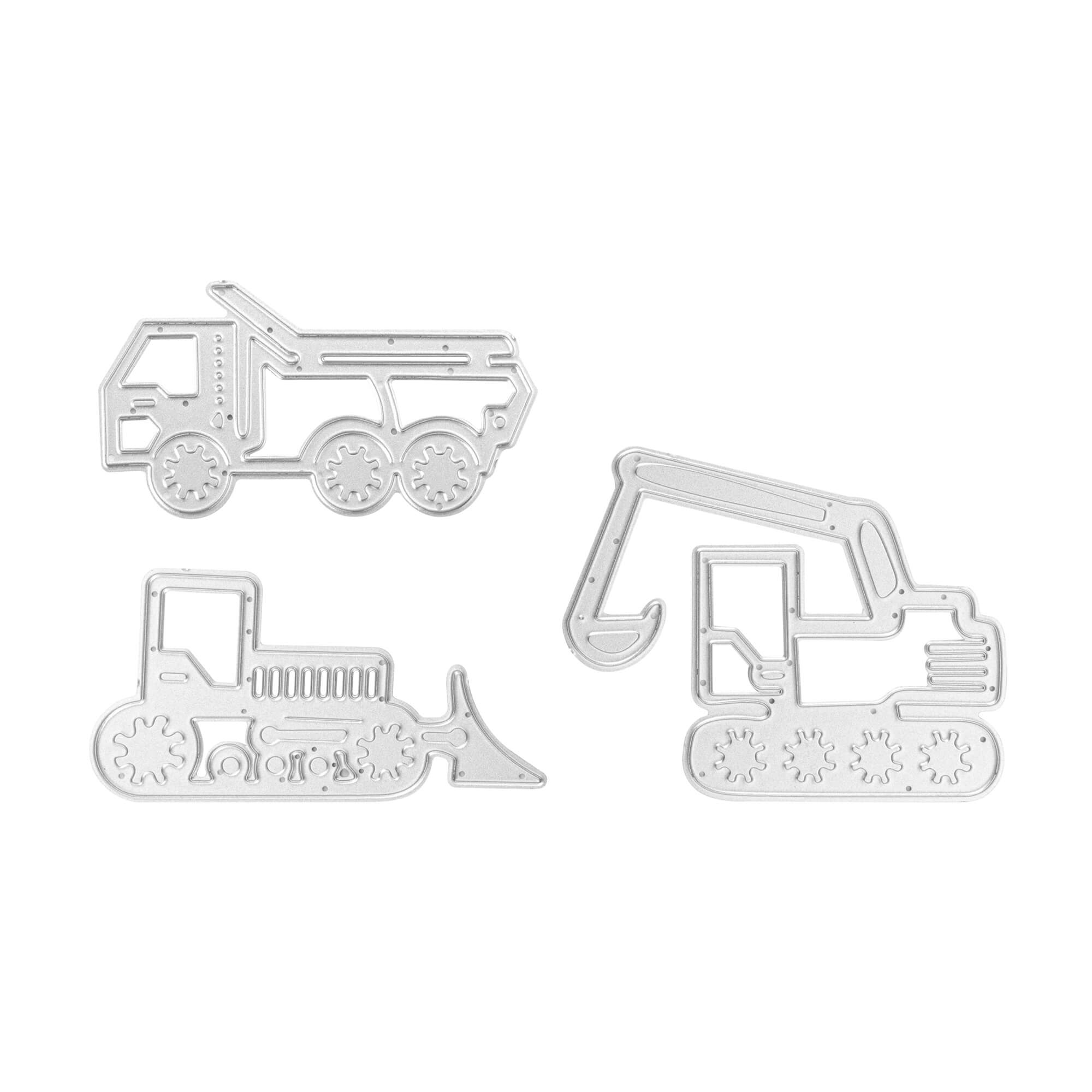 Drei silberne Stanzschablone Baufahrzeuge von Stanzenshop.de in den Formen Kipper, Planierraupe und Bagger - ideal für Bastelprojekte, dargestellt auf weißem Hintergrund.