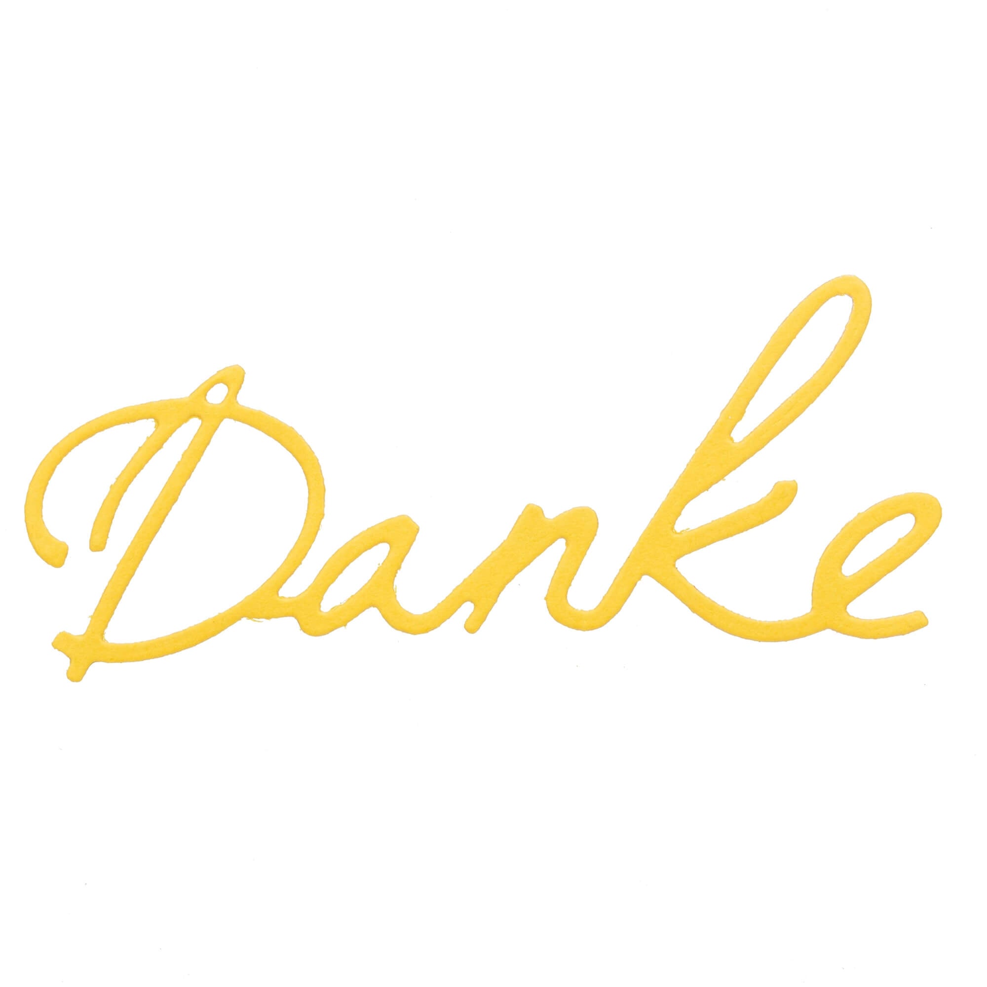 Die Stanzschablone: Schriftzug Danke von Stanzenshop.de zeigt "Danke" in gelber Schreibschrift auf weißem Hintergrund - ein elegantes Detail, ideal für die Gestaltung von Dankeskarten.