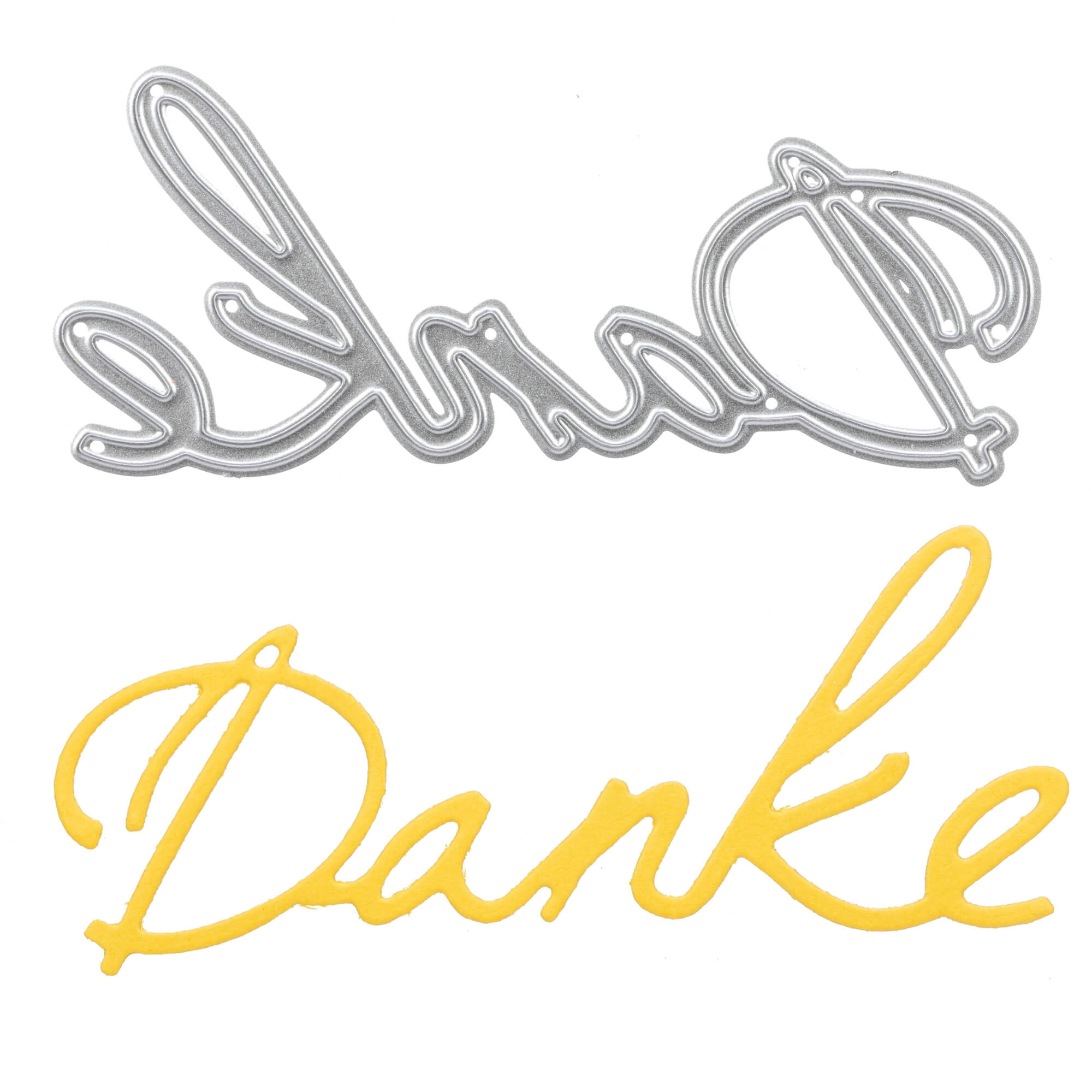 Die Stanzschablone: Schriftzug Danke von Stanzenshop.de ist eine silber-metallische, elegante, kursive Stanzform, die sich perfekt für kreative Danksagungskarten eignet und auf einem passenden gelben Papierausschnitt abgebildet ist.