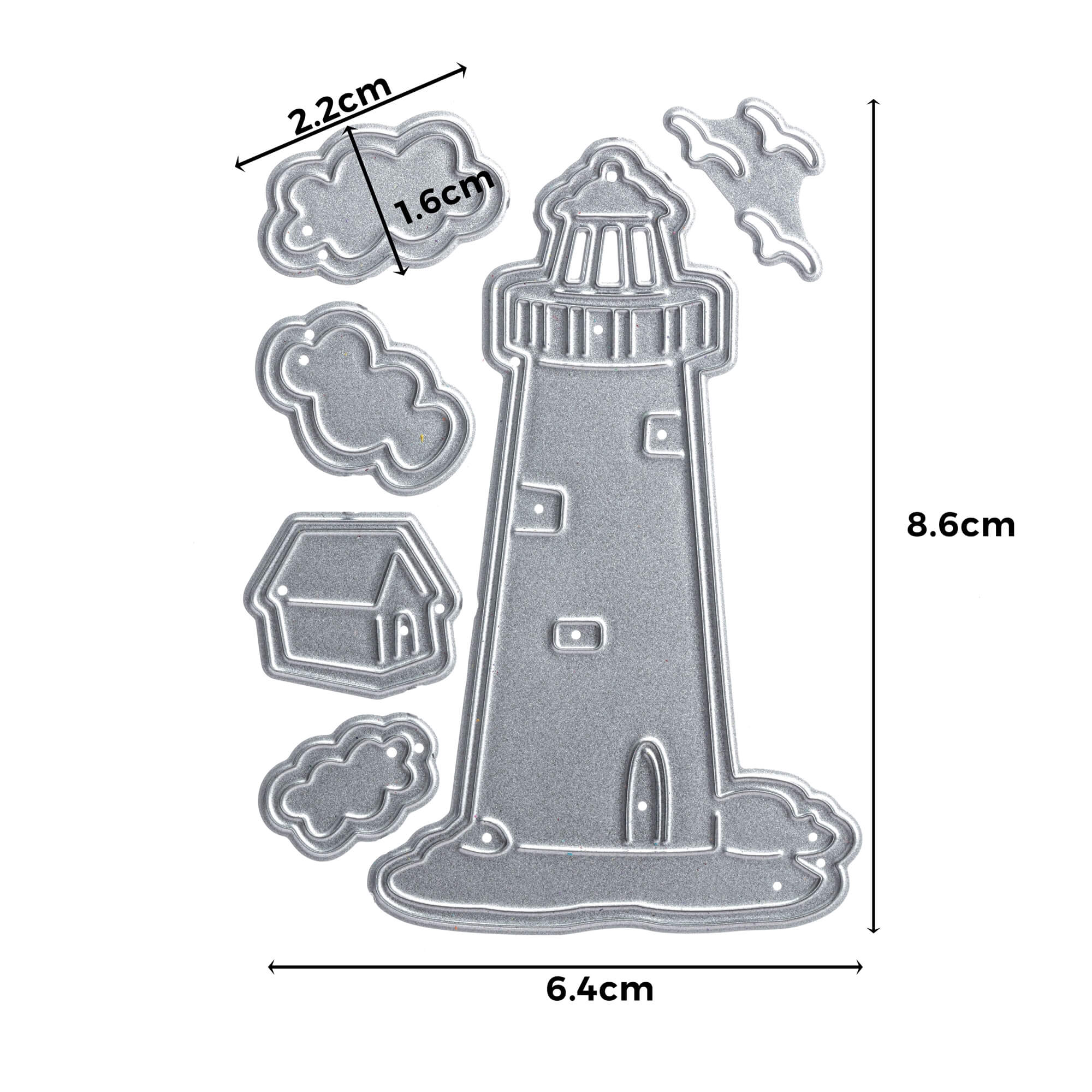 Das Stanzenshop.de Stanzschablone: Leuchtturm mit Wolken Set enthält Metallstanzen für einen Leuchtturm (8,6x6,4cm), Wolken (größte 2,2x1,6cm), Vögel und ein kleines Haus - perfekt für Scrapbooking-Projekte.