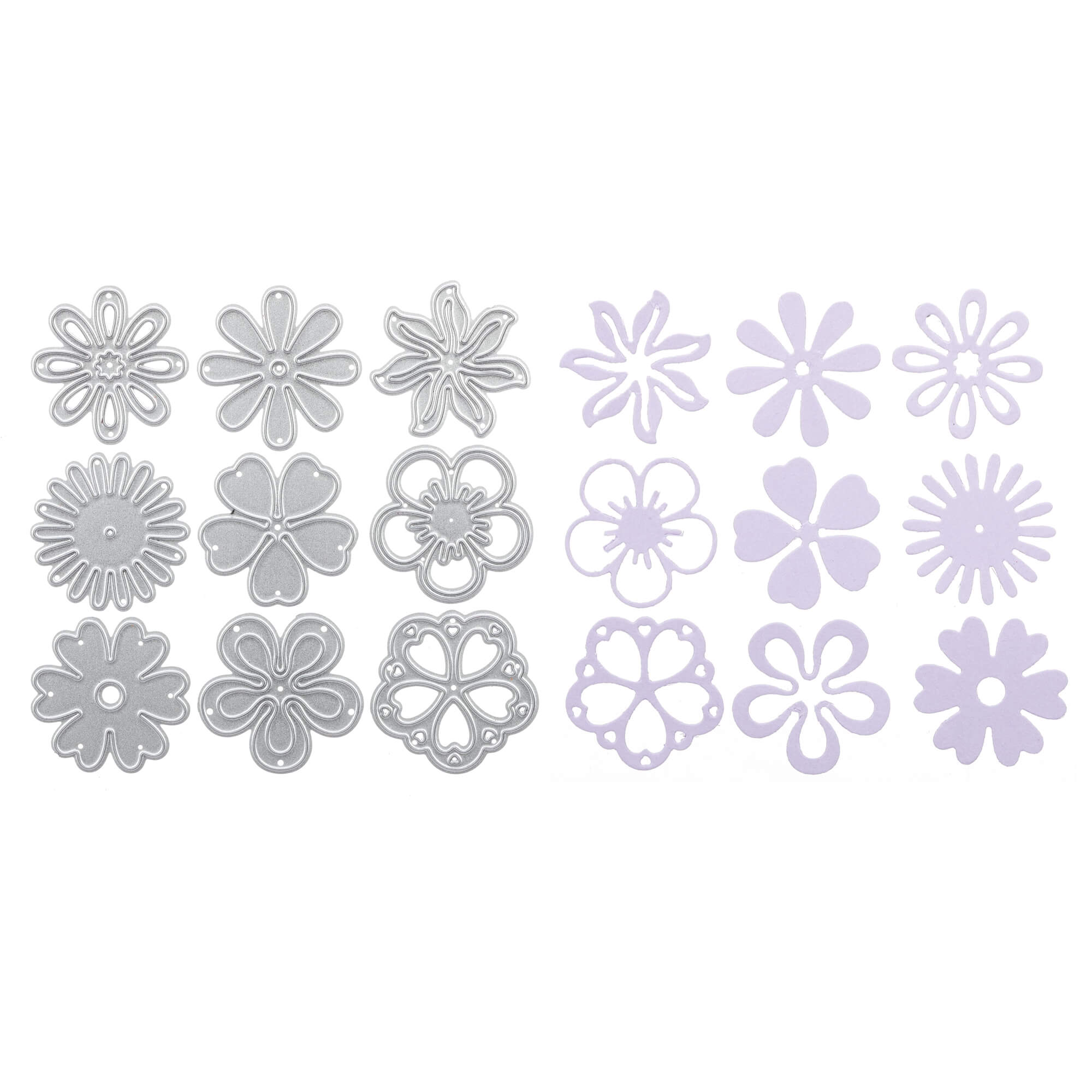 Auf der linken Seite: die Stanzschablone: Blümchen von Stanzenshop.de, rechts: passende helllilafarbene Scherenschnitte - beide fein säuberlich aufgereiht auf weißem Hintergrund, ideal für Ihre nächsten Bastelprojekte.