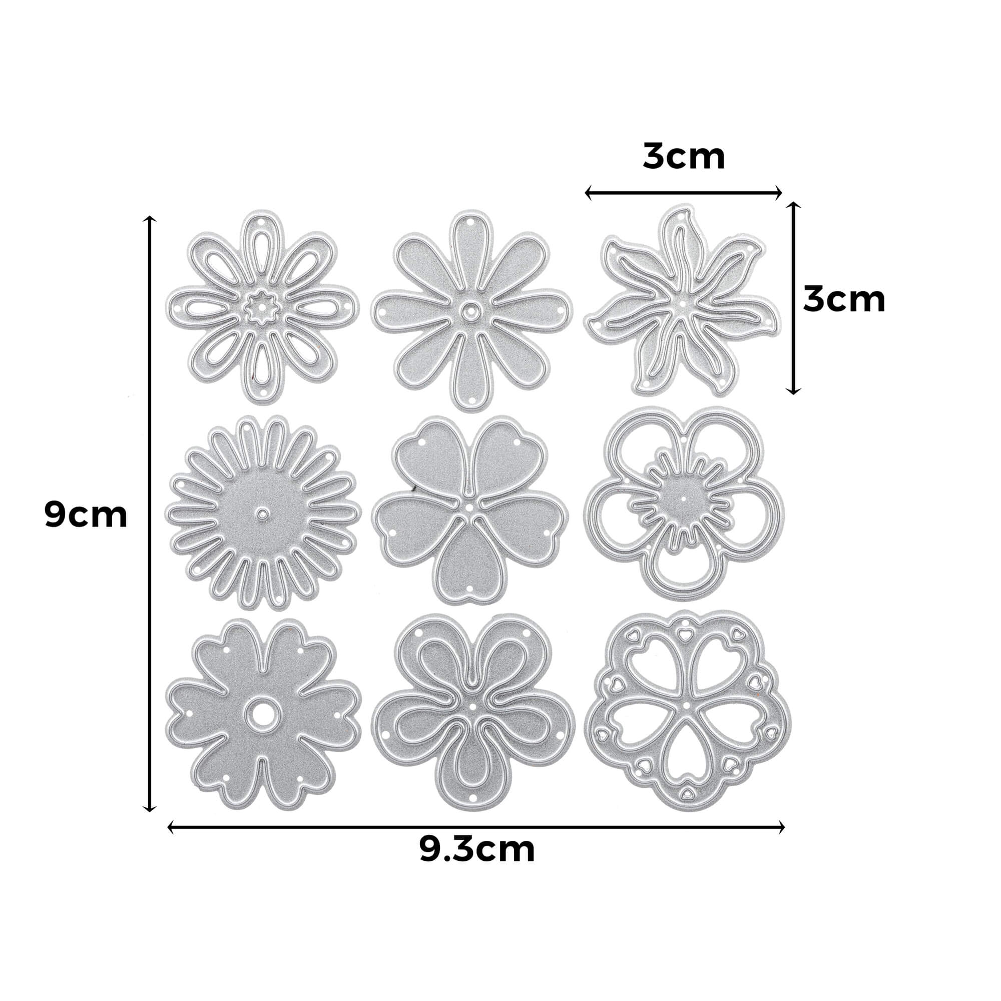 Neun silberne Stanzschablonen aus Metall: Blümchen Stanzschablonen von Stanzenshop.de, jeweils 3x3 cm im 3x3 Raster (Gesamtgröße: 9x9,3 cm), sind perfekt für Bastelprojekte und das Basteln mit Ihren Lieblingsblumenmotiven.