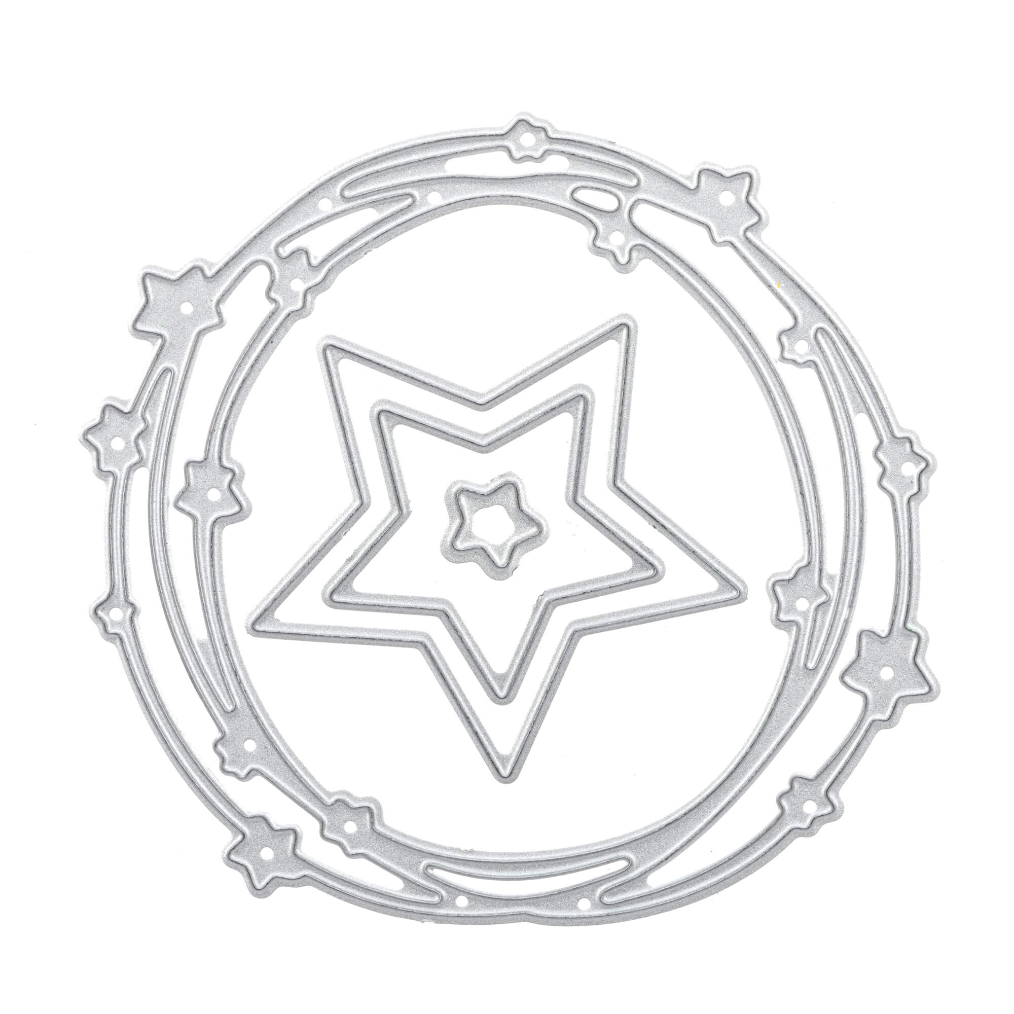 Die "Stanzschablone: Sternenkranz" von Stanzenshop.de ist eine silberne Stanze mit konzentrischen Sternen und einem sternverzierten Rand - ideal für Bastelprojekte und Scrapbooking.