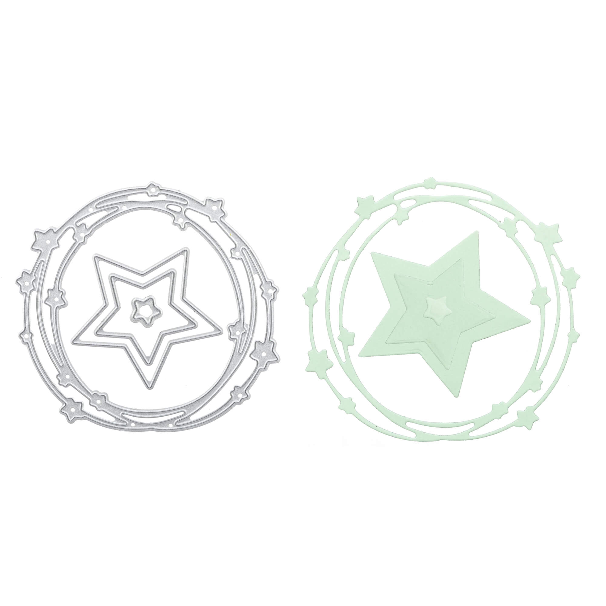 Links sind zwei sich überlappende kreisförmige Stanzschablonen zu sehen: Sternenkranz Stanzformen von Stanzenshop.de, mit einem passenden hellgrünen Papierausschnitt auf der rechten Seite - ideal für Bastelprojekte oder um Ihren Scrapbooking-Projekten ein festliches Flair zu verleihen.