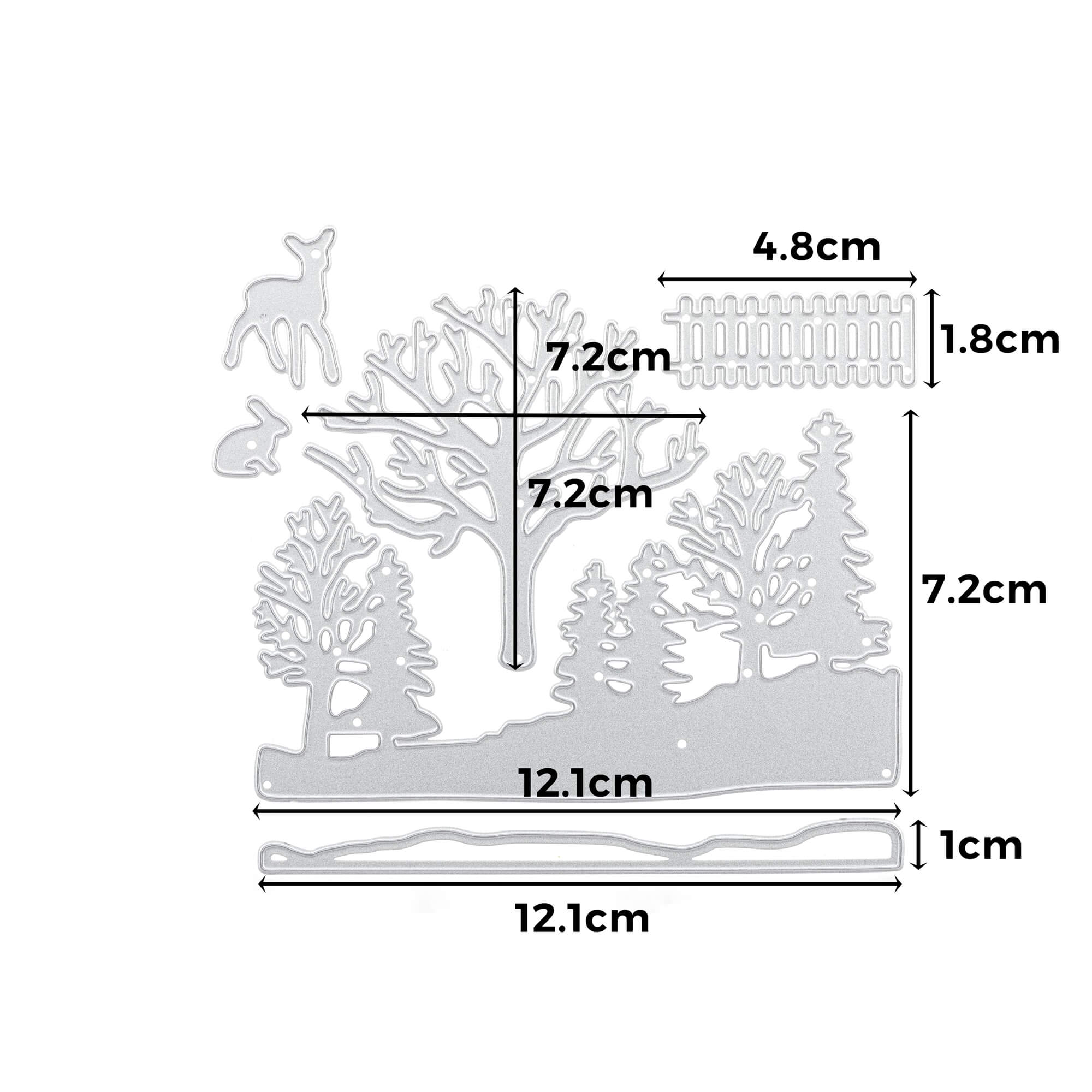 Die Stanzschablone: Winterwald von Stanzenshop.de ist ein Metallstempelset mit Baum-, Tier- und Zaunformen - perfekt für Winterszenen in Bastelprojekten. Jedes Teil hat Zentimetermarkierungen für präzises Basteln.