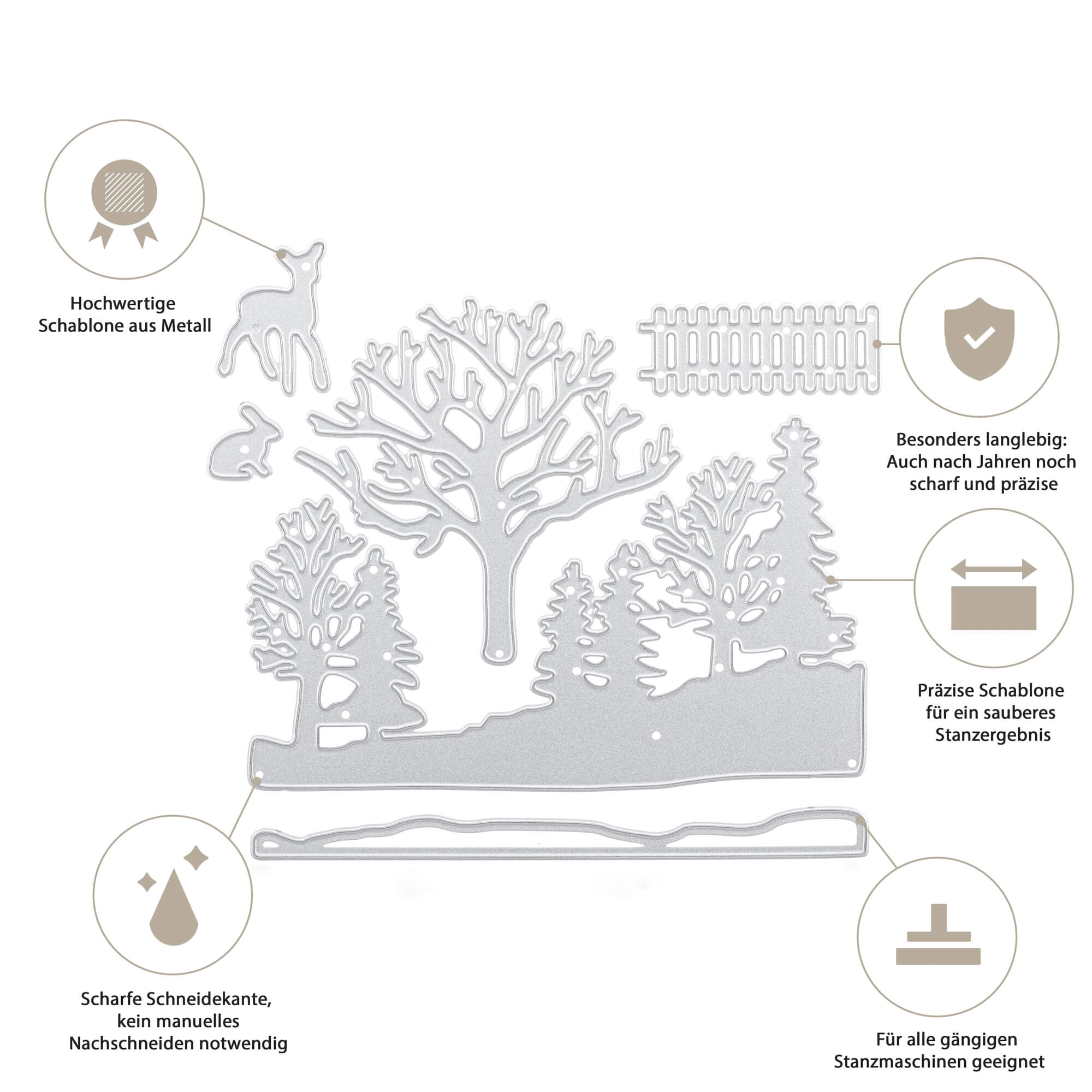 Das Stanzenshop.de Stanzschablone: Winterwald Set enthält Metallstempel von Bäumen, Rehen, Hasen und Zäunen - ideal für Winterlandschaften und Bastelprojekte. Beschreibende Icons und deutscher Text werden mitgeliefert.