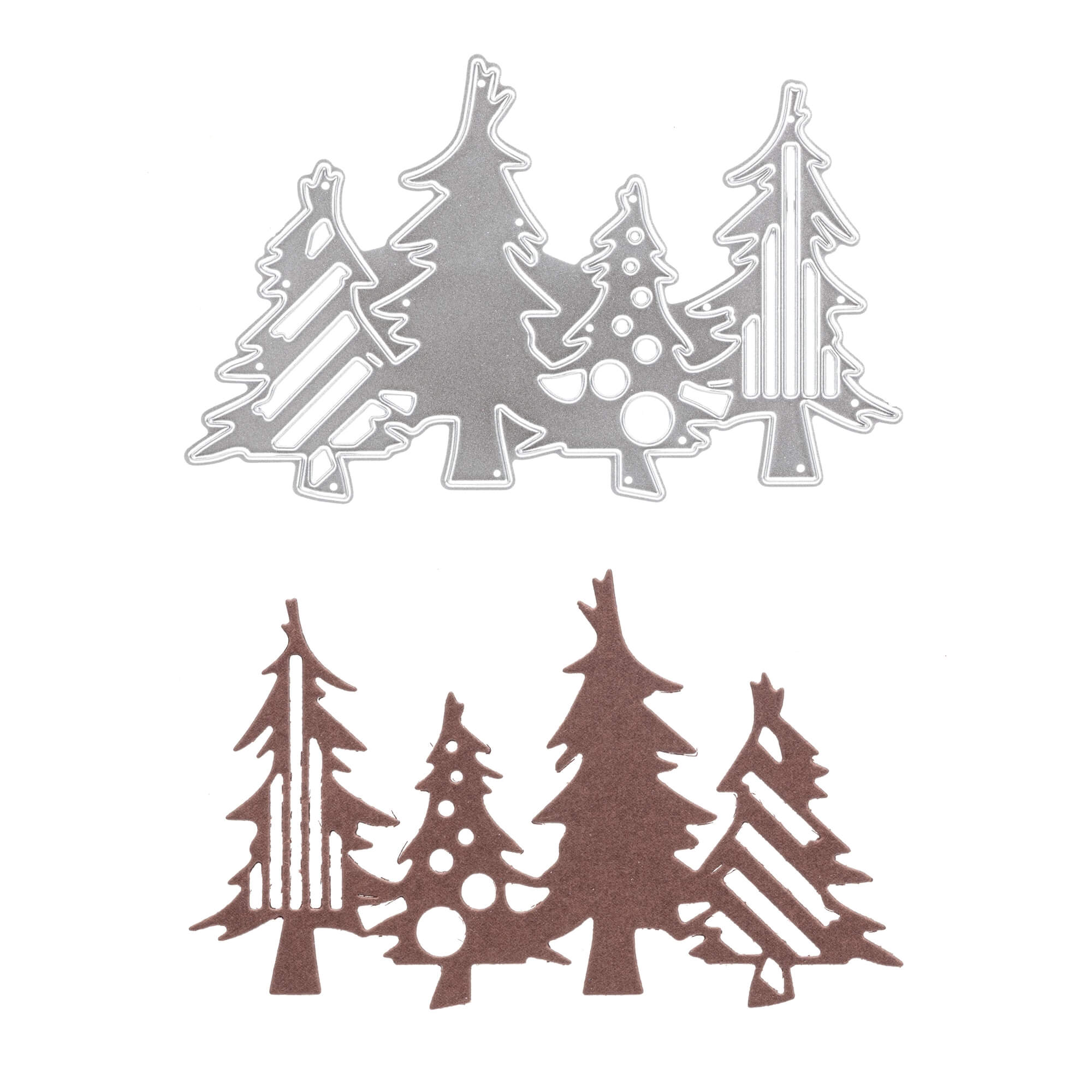 Die Stanzschablone: Tannenbäume von Stanzenshop.de beinhaltet eine Metallstanze und einen passenden braunen Papierausschnitt von stilisierten Tannenbäumen - ideal für Scrapbooking oder Weihnachtskarten Basteln mit einem einzigartigen Design.