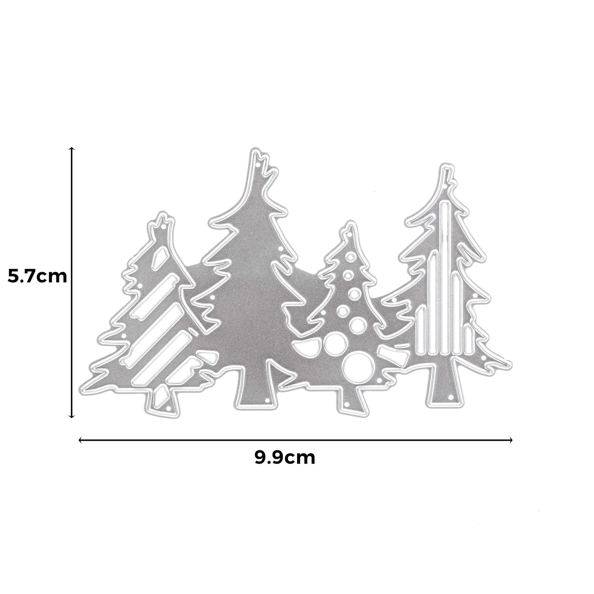 Die Stanzenshop.de Stanzschablone: Tannenbäume ist eine silberne Metallstanze mit fünf abstrakten Tannenbäumen (5,7 x 9,9 cm), ideal für Scrapbooking oder Weihnachtskarten Basteln, und auf einem weißen Hintergrund abgebildet.