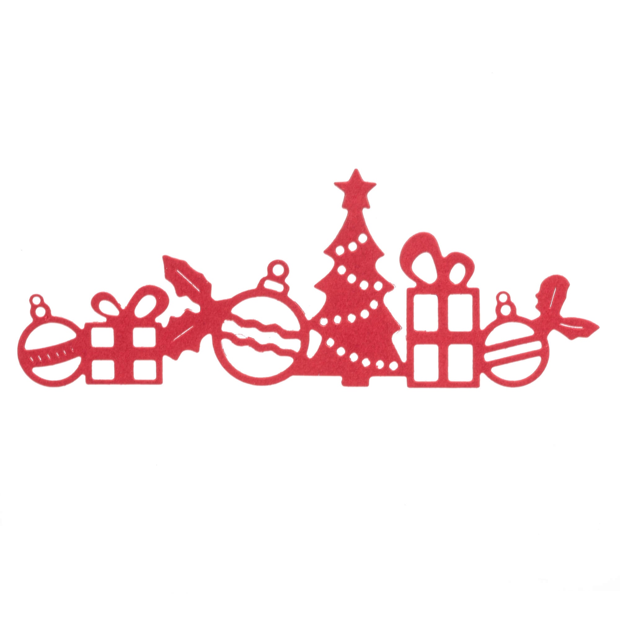 Die Stanzschablone: Geschenkband von Stanzenshop.de zeigt eine rote Silhouette von Weihnachtsbaum, Schmuck, Stechpalme und Geschenken - ideal für kreative Geschenkverpackungen oder zur Inspiration beim Gestalten von Geschenkbändern auf weißem Hintergrund.