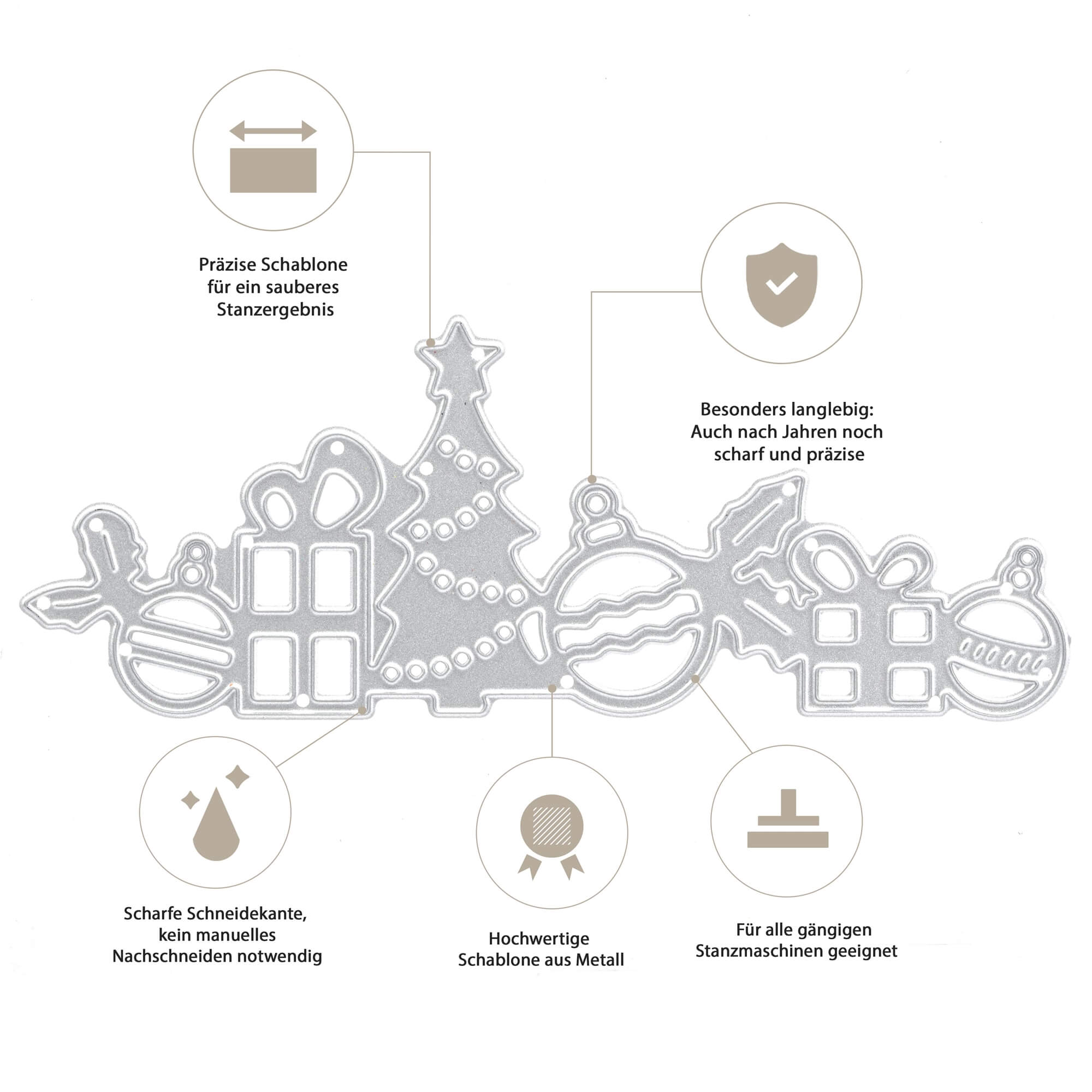 Die Stanzschablone: Geschenkband von Stanzenshop.de ist eine silberne Stanzschablone mit weihnachtlichen Motiven (Baum, Ornamente, Geschenke) und sechs Symbolen - perfekt für die kreative Geschenkverpackung oder die Gestaltung von Geschenkbändern.