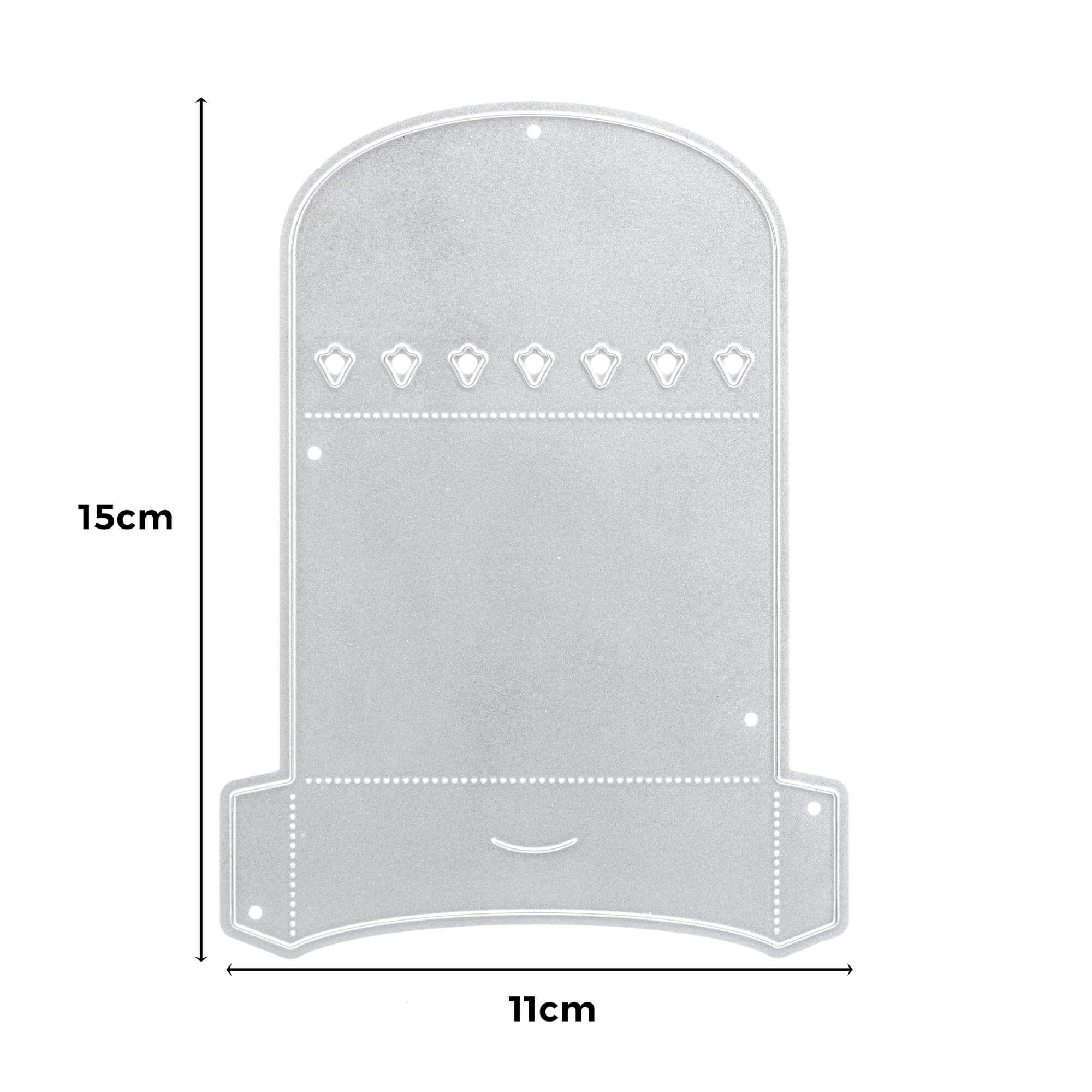 Die Stanzenshop.de Stanzschablone: Umschlag mit Baum ist eine flache, metallische Stanzschablone (15x11 cm) mit abgerundeter Spitze und Baumausschnitten - ideal für kreative Briefumschläge oder Geschenkkartenverpackungen.