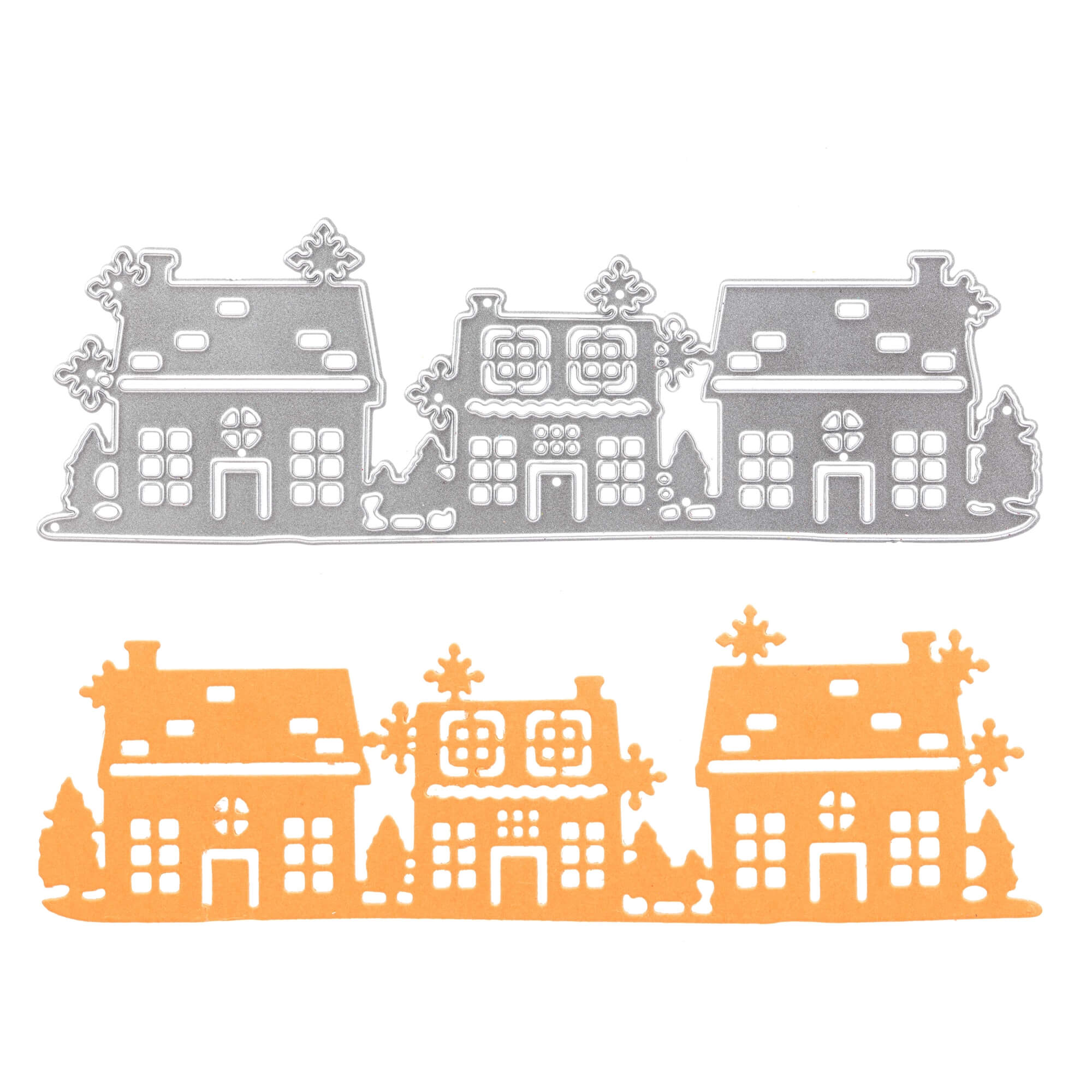 Die Stanzschablone von Stanzenshop.de: Häuserreihe enthält eine silberne Metallstanze und einen orangefarbenen Papierausschnitt, die beide drei stilisierte Häuser mit Bäumen zeigen - perfekt für Basteln oder Scrapbooking-Projekte.