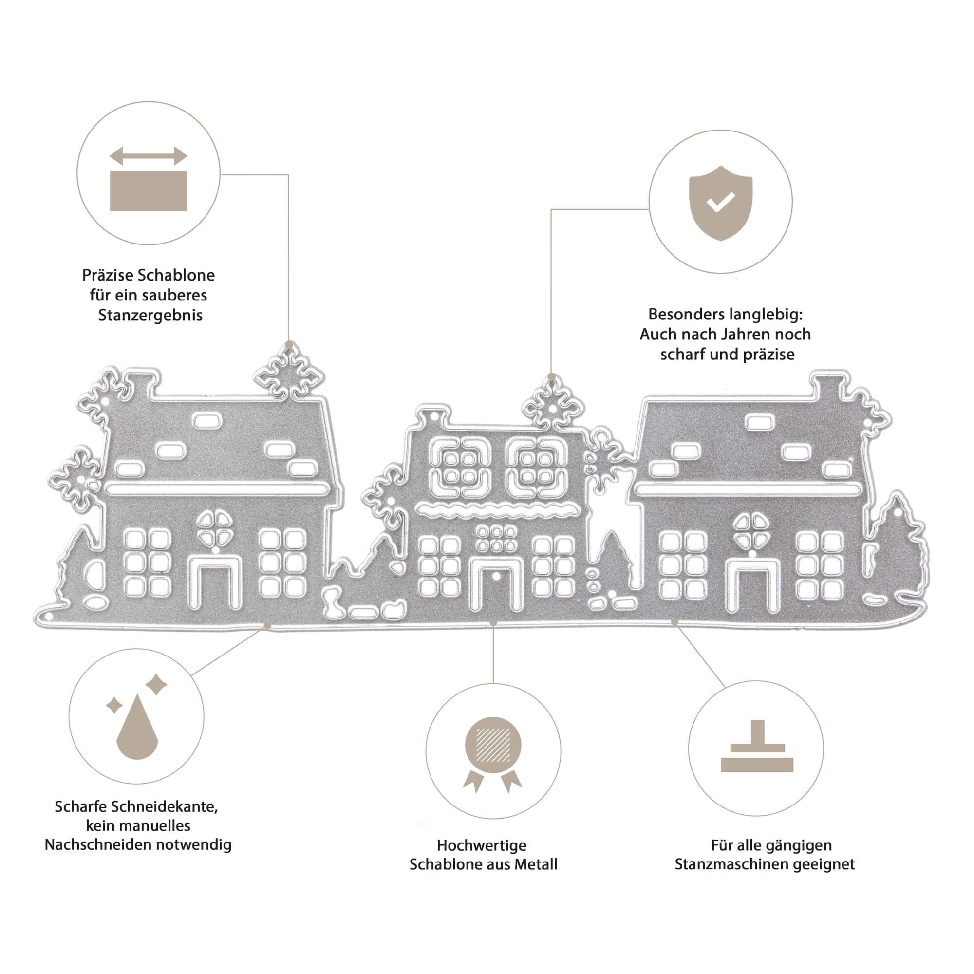 Die Stanzschablone: Häuserreihe von Stanzenshop.de ist eine hochwertige Stanzschablone aus Metall mit drei Häusermotiven und beschrifteten Symbolen, perfekt für Scrapbooking und Basteln, mit langlebigen, scharfen Klingen und stanzmaschinenfest.