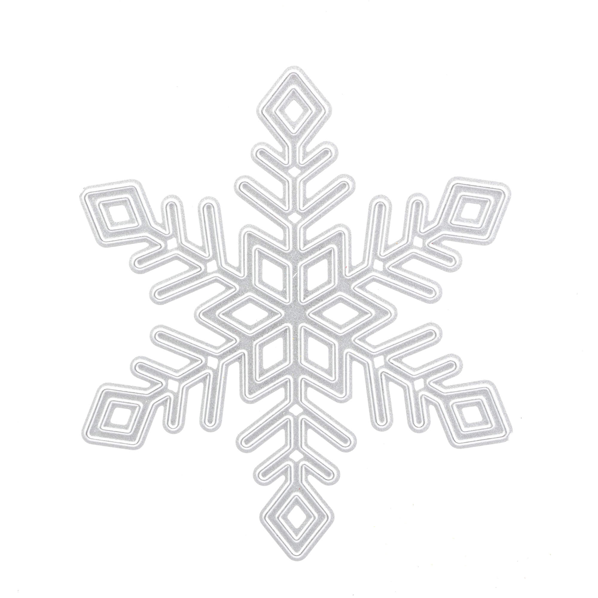 Die "Stanzschablone: Schneekristall" von Stanzenshop.de zeigt eine symmetrische sechszackige silberne Schneeflocke mit Rautenmustern auf jedem Zweig, ideal für Bastelprojekte Winter, auf weißem Hintergrund.