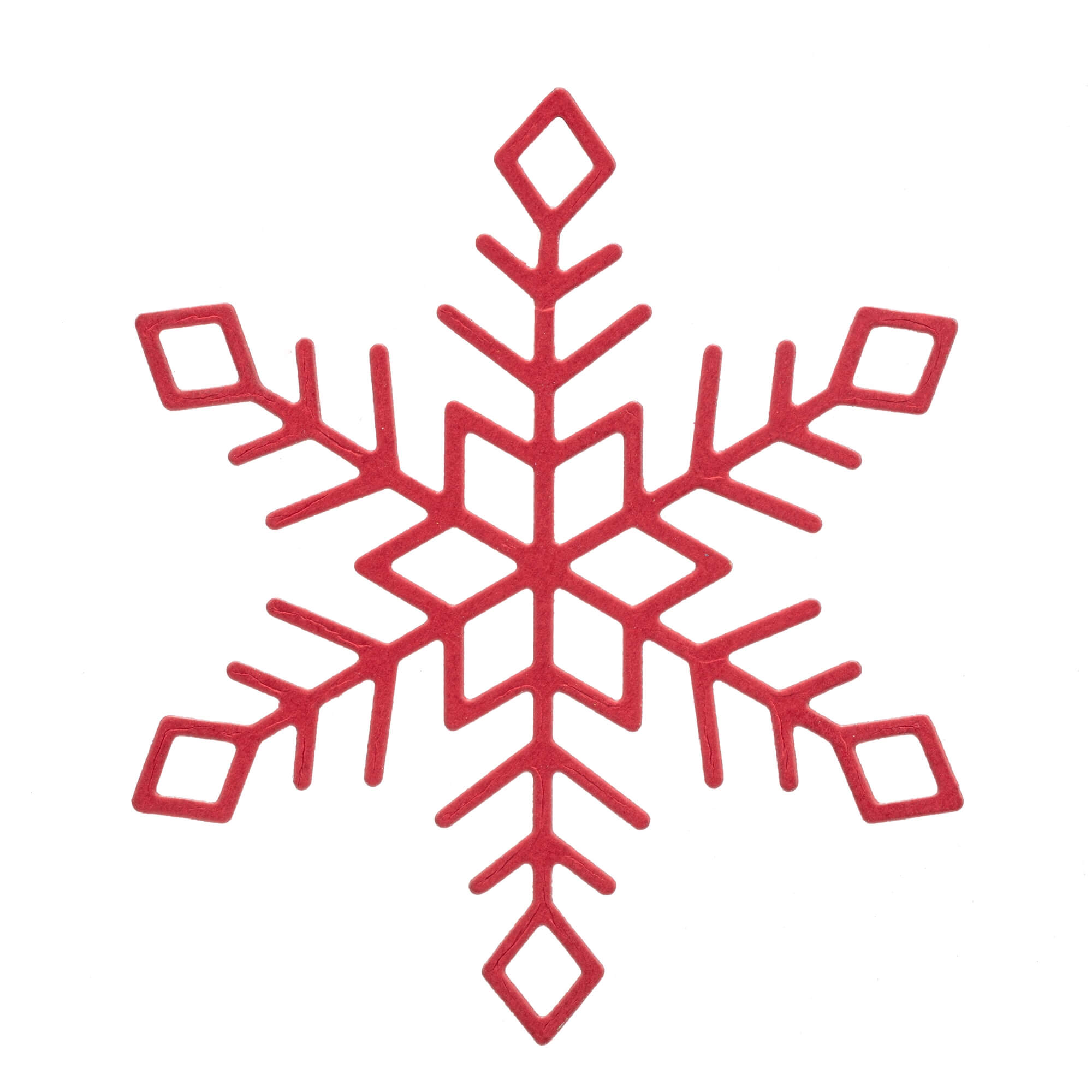 Die "Stanzschablone: Schneekristall" von Stanzenshop.de zeigt eine rote, sechsarmige geometrische Schneeflocke auf weißem Grund - ideal für Bastelprojekte im Winter oder zur festlichen Gestaltung eines Schneekristalls.