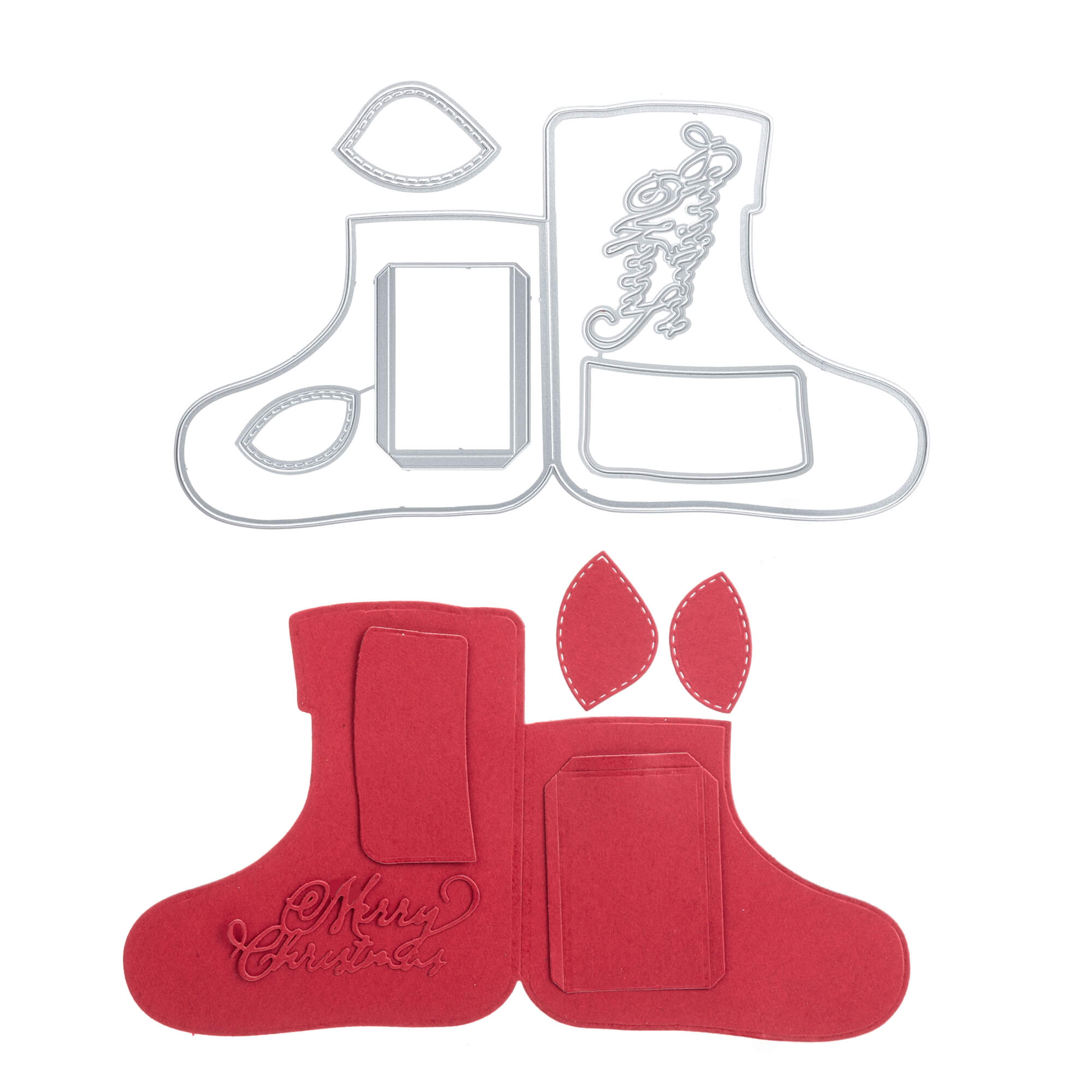 Die Stanzschablone: Stiefelumschlag von Stanzenshop.de schneidet festliche rote Filzstrümpfe zu, ideal für Bastelprojekte oder handgefertigte Weihnachtsgeschenke - dekoriert mit "Frohe Weihnachten" und lustigen Details für eine persönliche Note.