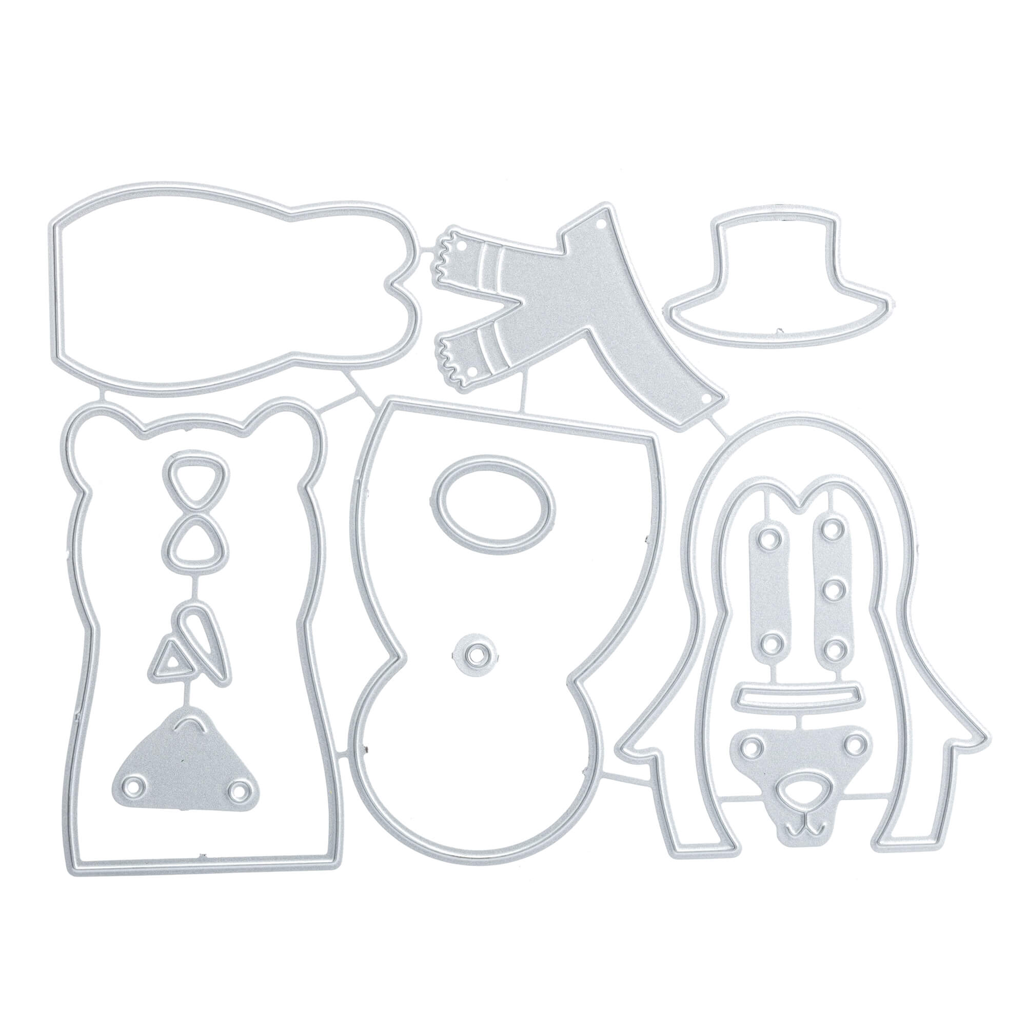 Die Stanzschablone: Teddy, Schneemann, Pinguin von Stanzenshop.de enthält vielseitige Formen auf Weiß arrangiert - ideal zum Basteln niedlicher Figuren wie Teddybär, Schneemann und Pinguin.