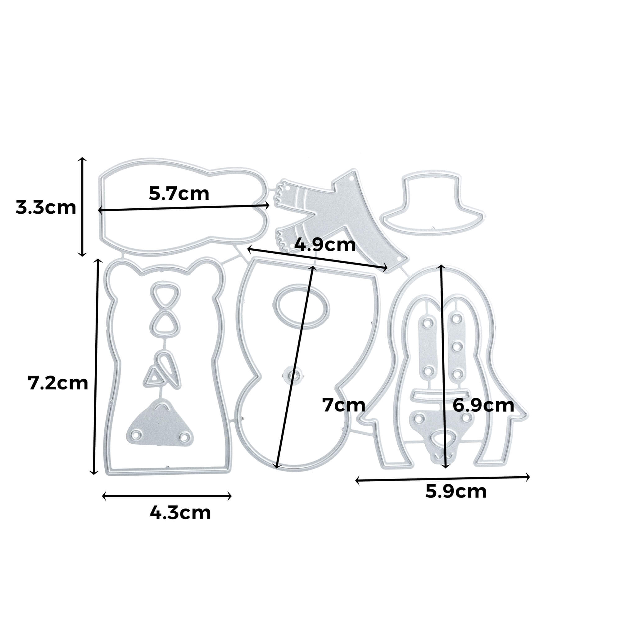 Stanzschablone: Teddy, Schneemann, Pinguin" von Stanzenshop.de werden einzeln mit schwarzen Maßlinien und Zentimeterangaben präsentiert. Jede Stanzform ist separat abgebildet und ideal für Bastelprojekte geeignet.