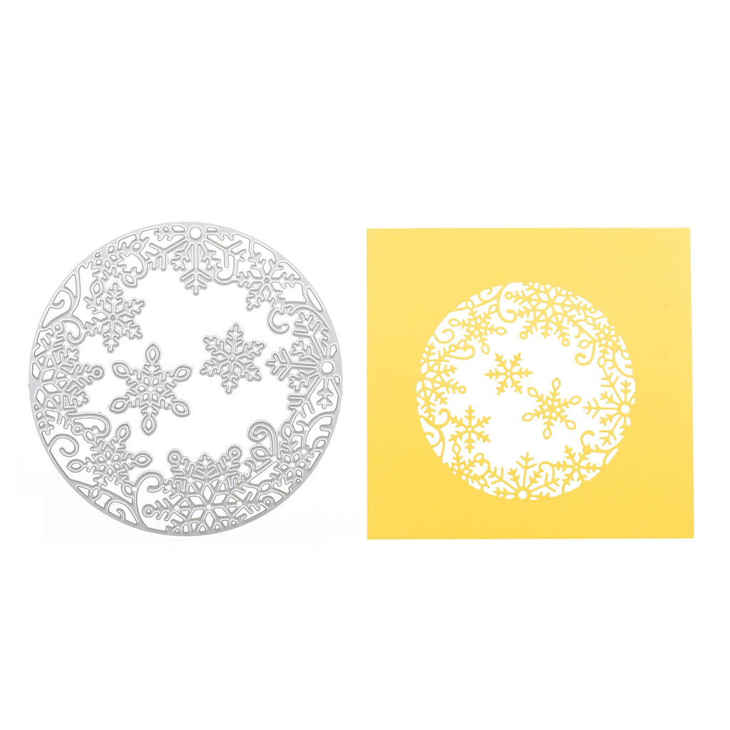 Eine weiß-gelbe Stanzschablone: Schneekristalkreis-Papier mit einer Schneeflocke darauf, perfekt für Bastelprojekte, erhältlich bei Stanzenshop.de.