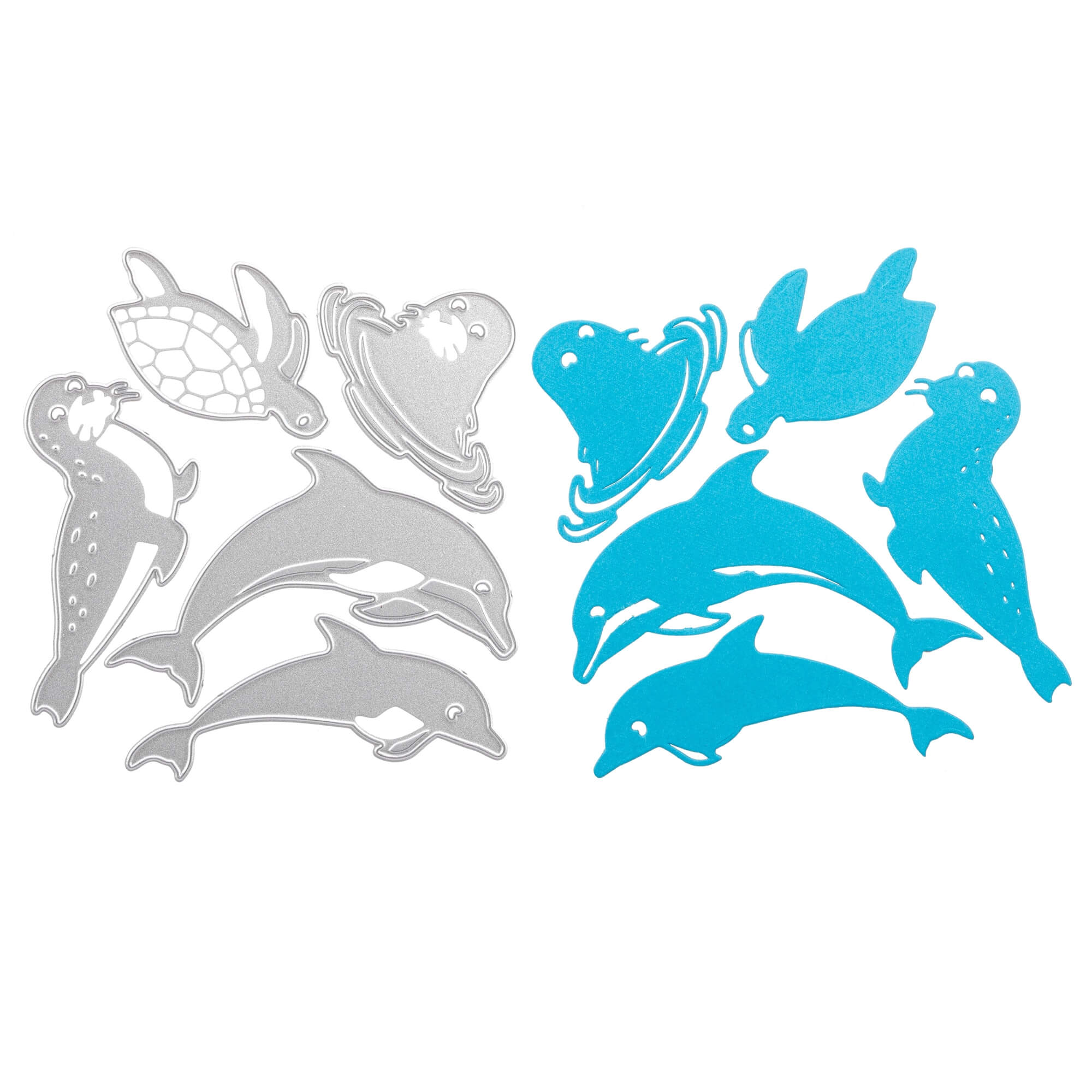 Stanzschablone: Meerestiere von Stanzenshop.de-Metallstanzen von Schildkröte, Robbe, Delfin und Walross mit passenden blauen Ausschnitten. Ideal für kreatives Scrapbooking oder Bastelprojekte.