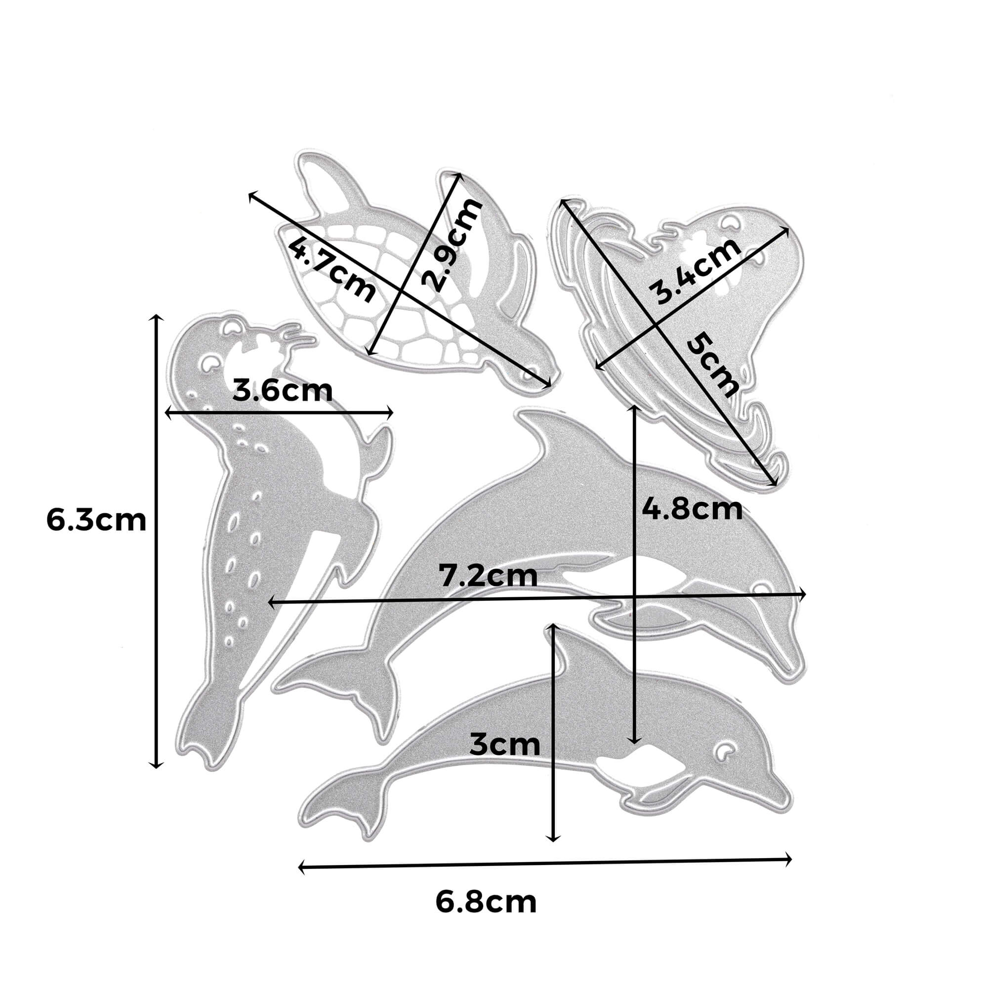 Die Stanzschablone von Stanzenshop.de: Meerestiere enthält 5 Metallic-Tierstempel - Meeresschildkröte, Delfin, Wal, Robbe und Qualle - in den angegebenen Zentimetergrößen. Ideal für Bastelprojekte und Scrapbooking.