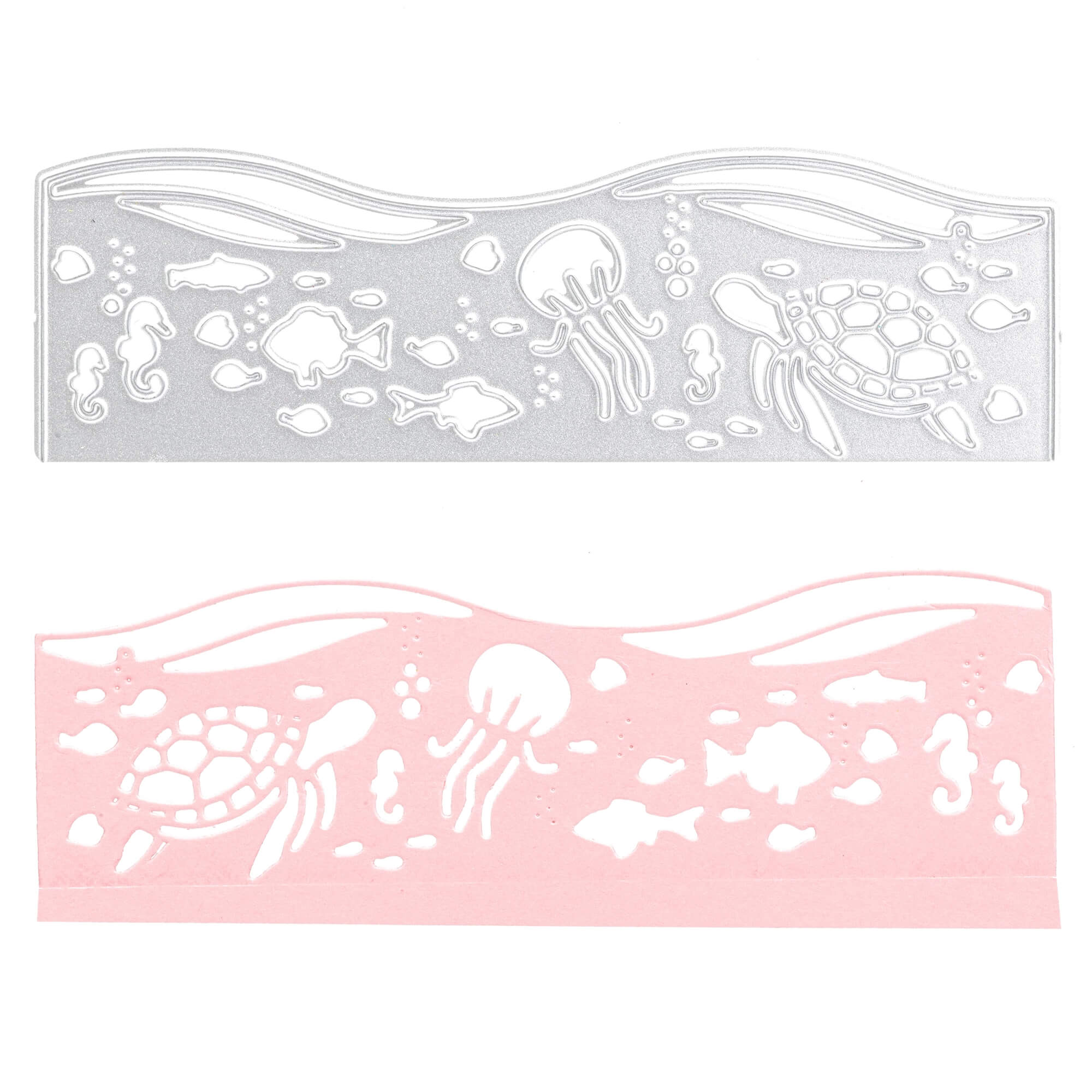 Die Stanzschablone von Stanzenshop.de Stanzschablone: Meeresband Stanzschablone, die Schildkröten-, Quallen-, Fisch- und Algenformen über einem rosa Papierausschnitt zeigt, ist ideal für Scrapbooking oder kreative Bastelprojekte.