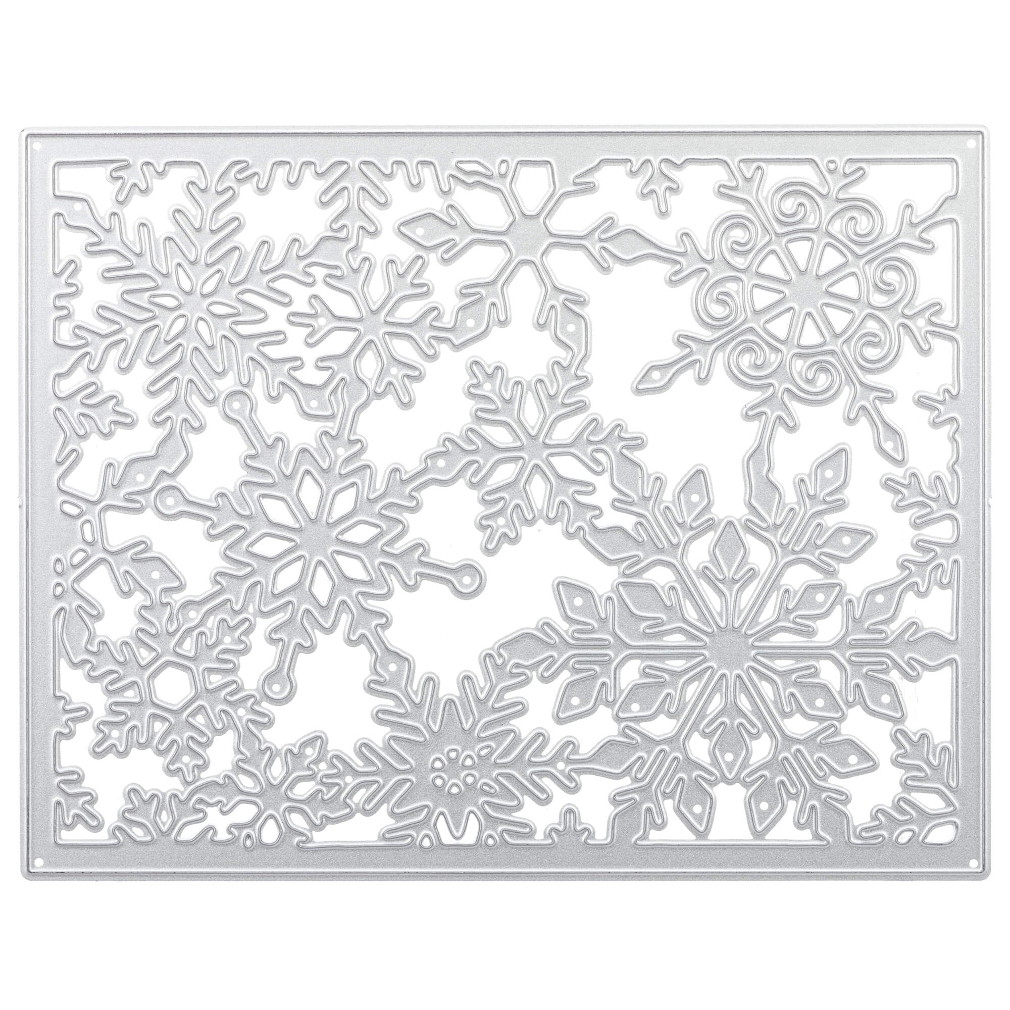 Die Stanzenschablone: Schneekristalrahmen von Stanzenshop.de ist eine rechteckige Metallstanze mit detaillierten Schneeflockenmustern, ideal zum Stanzen oder Prägen beim Basteln, Scrapbooking und Winterzauber Basteln.