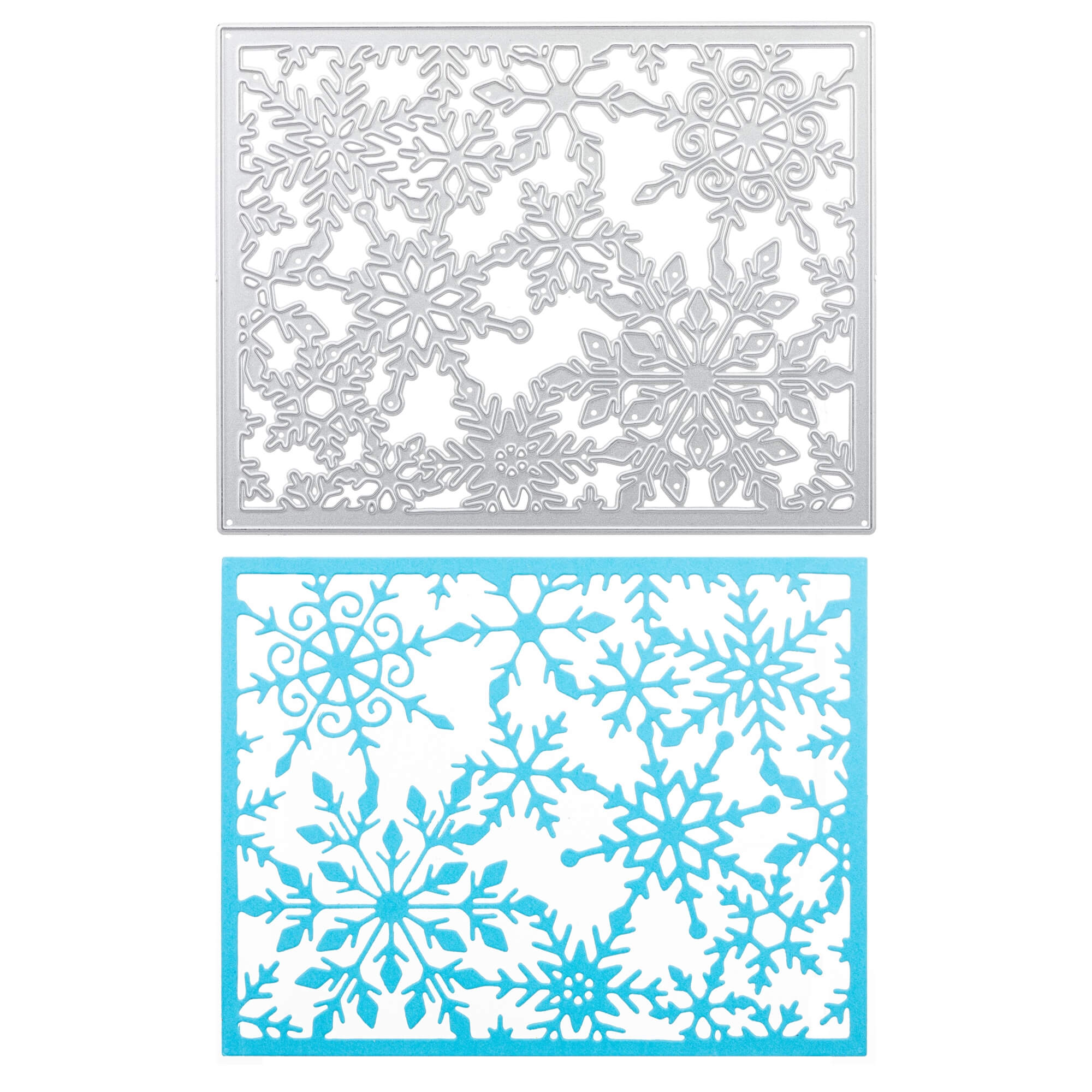 Die Stanzschablone: Schneekristalrahmen von Stanzenshop.de zeigt ein Schneeflocken-Rahmendesign über einem passenden blauen Papierausschnitt - ideal für Winterzauber Basteln und festliche Bastelprojekte.