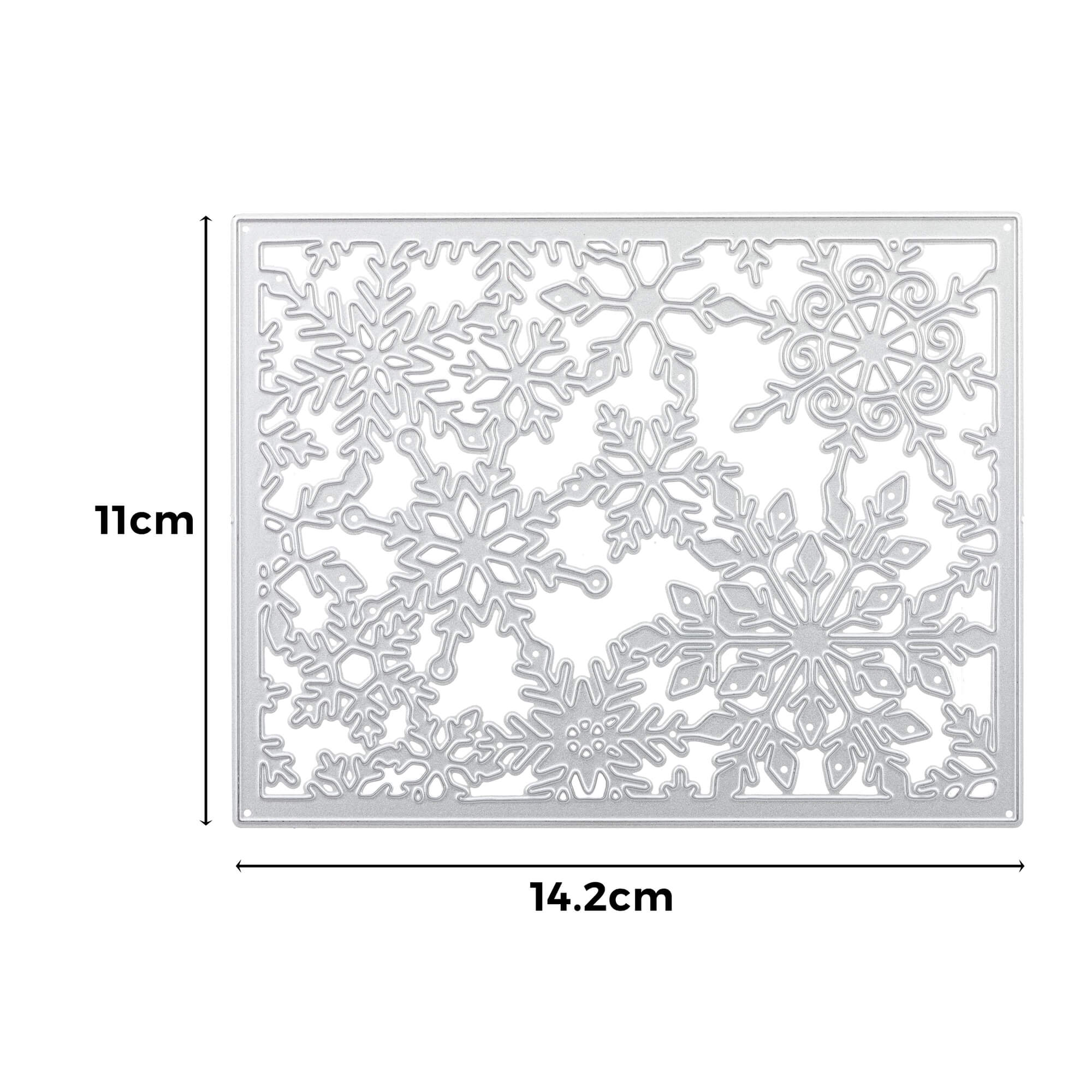 Die Stanzenshop.de Stanzschablone: Schneekristalrahmen ist eine rechteckige Metallstanze (11 x 14,2 cm) mit detaillierten Schneeflockenmotiven und Bemaßungslinien - ideal für Ihre Winterzauber Basteln Kreationen.