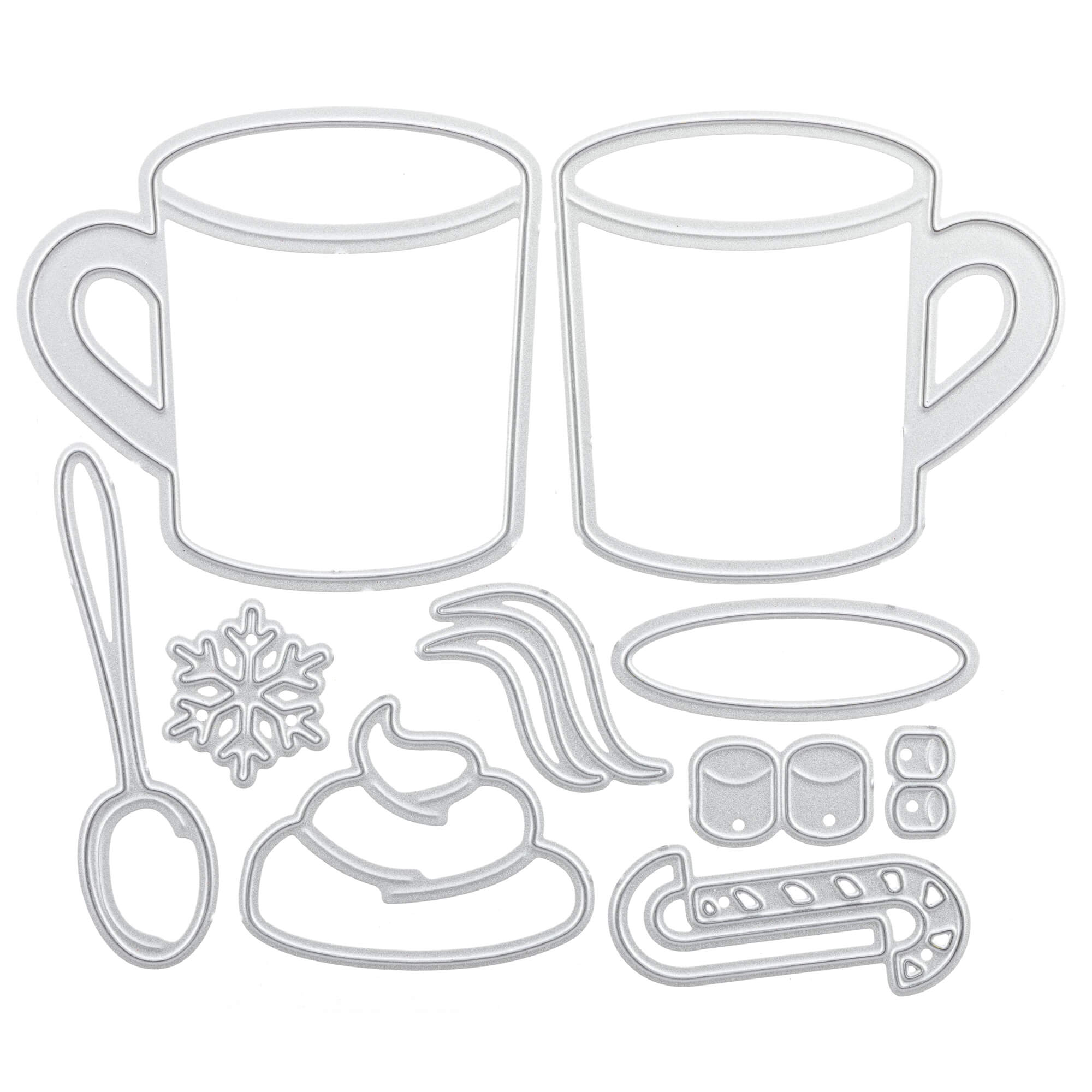 Die Stanzschablone: Tassen von Stanzenshop.de enthält Becher, Löffel, Schneeflocken, Schlagsahne, Zuckerstangen, Marshmallows, Schokoladenquadrate und Dampfstempel - ideales Bastelzubehör für die Gestaltung einzigartiger Tassen. Angeordnet auf einem weißen Hintergrund.