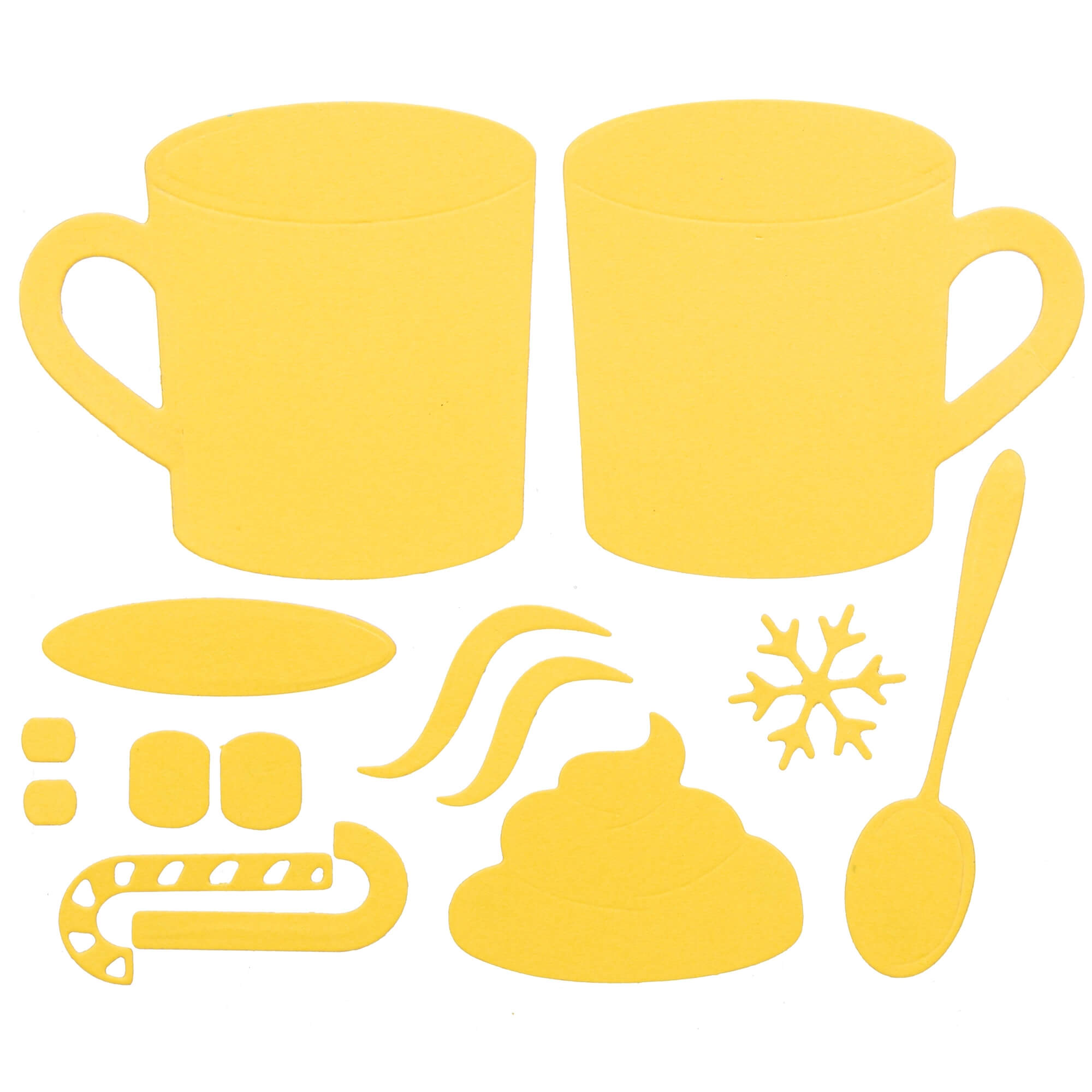 Zwei gelbe Tassenformen mit Heißgetränke-Motivausschnitten - perfektes Bastelzubehör zum Gestalten von Tassen oder als Stanzschablone: Tassen von Stanzenshop.de.