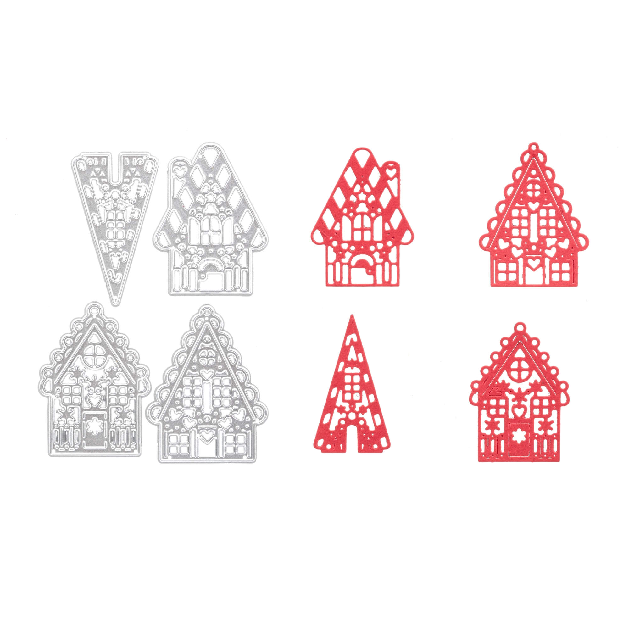 Vier "Stanzschablone: Vier kleine Knusperhäuser" aus Metall von Stanzenshop.de und vier rote Papierausschnitte in Form von Lebkuchenhäusern und Weihnachtsbäumen sind auf weißem Untergrund angeordnet, ideal für festliche Winterbasteleien.