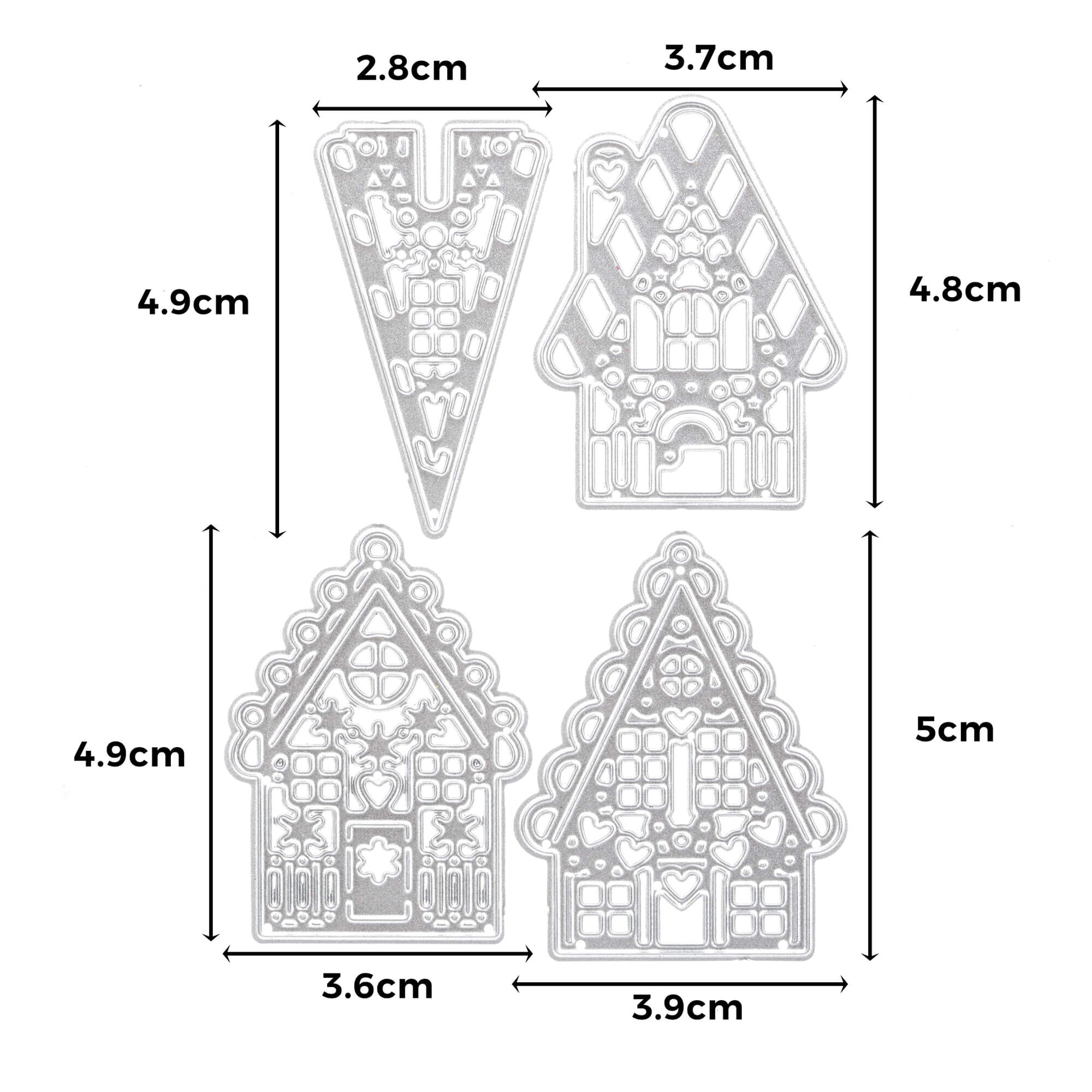 Die "Stanzschablone: Vier kleine Knusperhäuser" von Stanzenshop.de enthält vier Metallformen (Höhe 4,8-5cm, Breite 2,8-3,9cm), ideal für die Herstellung von Lebkuchenhäusern in Ihren Winterszenen.