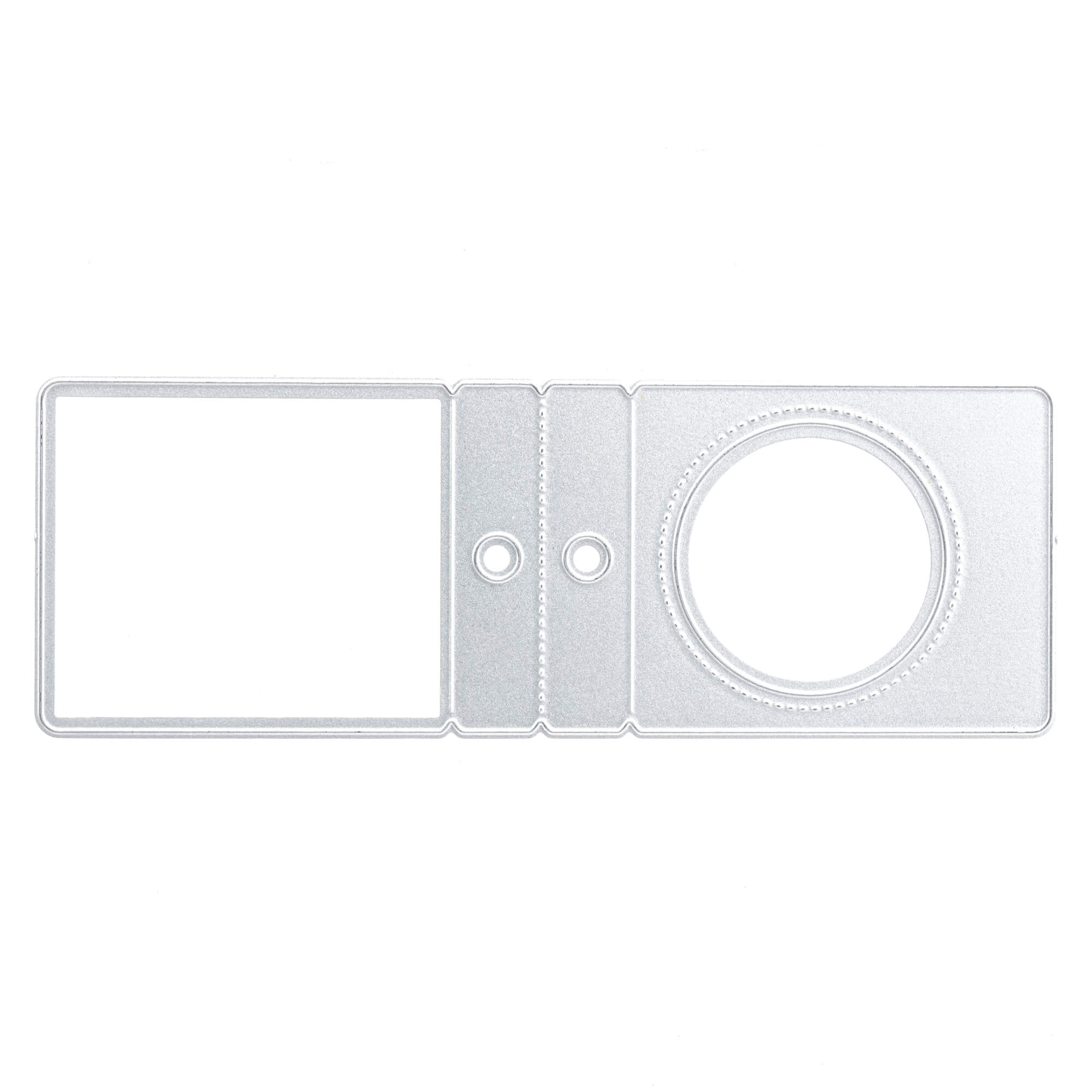 Die Stanzschablone: Klappetikett von Stanzenshop.de ist ein durchsichtiger Kunststoffhalter mit rechteckigen und runden Abschnitten, die durch ein Scharnier miteinander verbunden sind - ideal für Scrapbooking oder kreatives Etiketten gestalten.